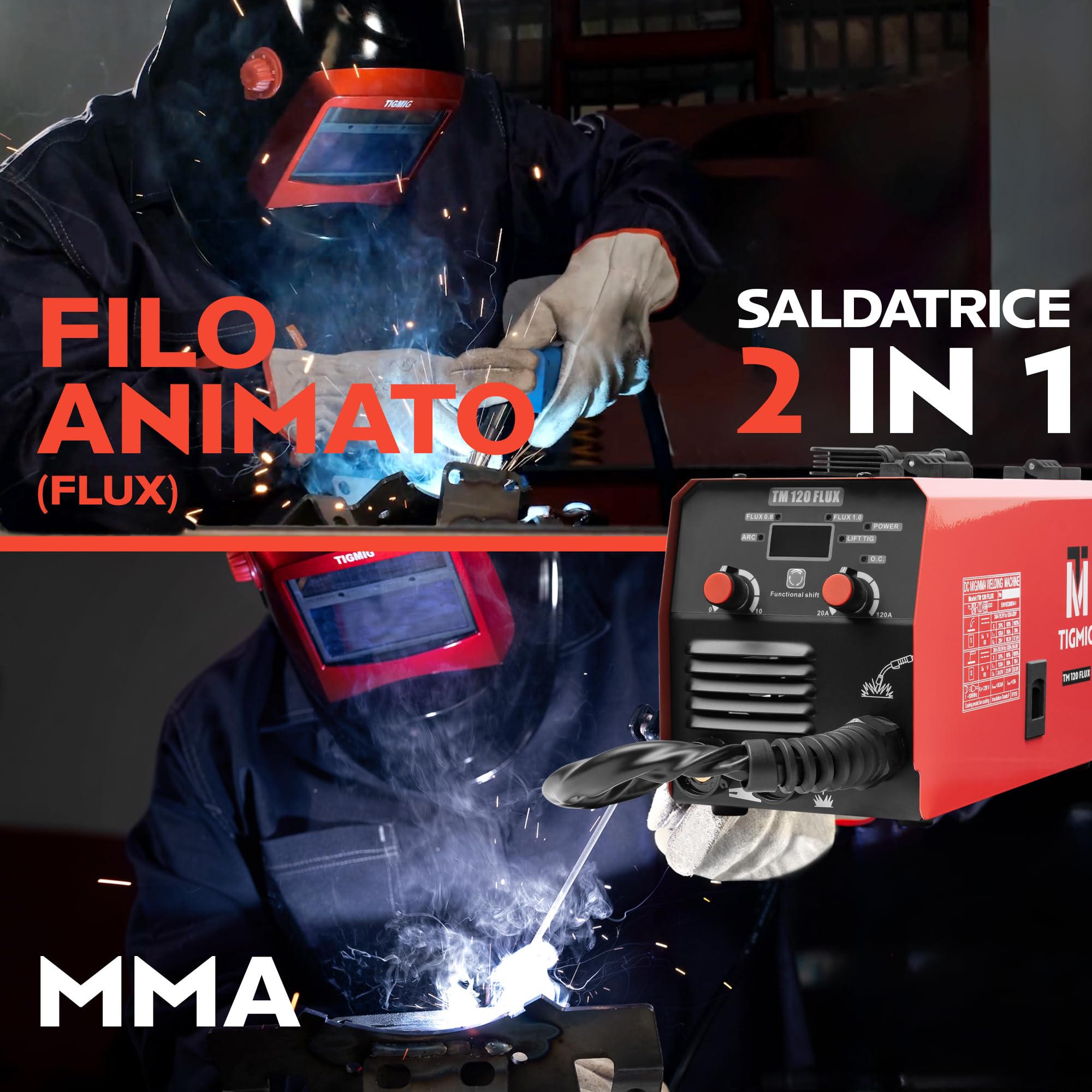 TIGMIG Saldatrice Inverter Filo Continuo FLUX NO GAS + MMA Elettrodo, Mod. TM 120 FLUX, 120A, Senza Gas, Inverter IGBT, Per Filo Animato ⌀0,8/1,0mm, Garanzia e Assistenza ITALIA