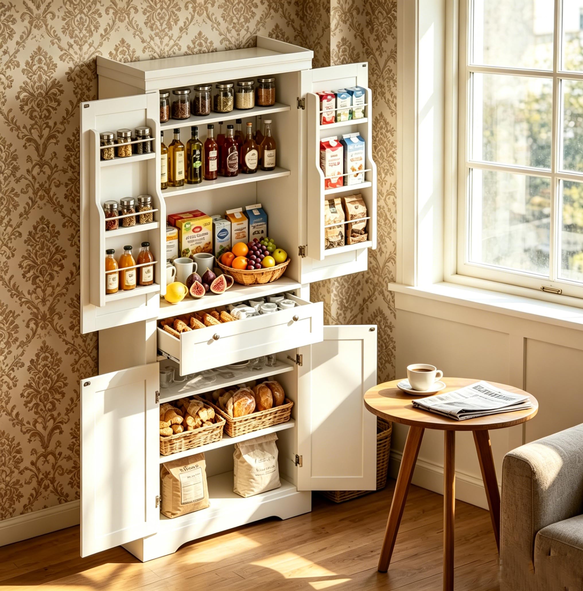 Credenza Cucina Alta, Mobile Dispensa Alto 4 Ante e Cassetti con Ripiani Regolabili e Portaspezie sulla Porta, Colonna Bagno Alta e Stretta per Salvaspazio, 76x40x182cm