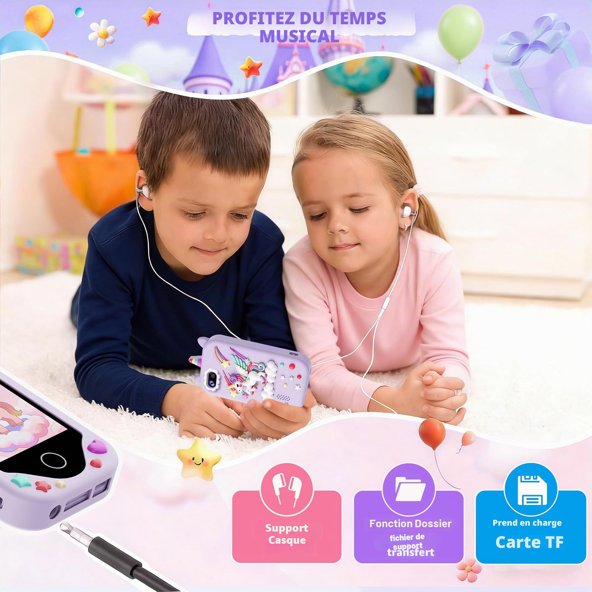 Smartphone pour enfants pour filles, téléphone enfant jouet avec écran tactile, cadeau d'anniversaire de Noël pour enfants de 3 à 8 ans, double caméras, apprentissage, lecteur de musique, jeux, violet