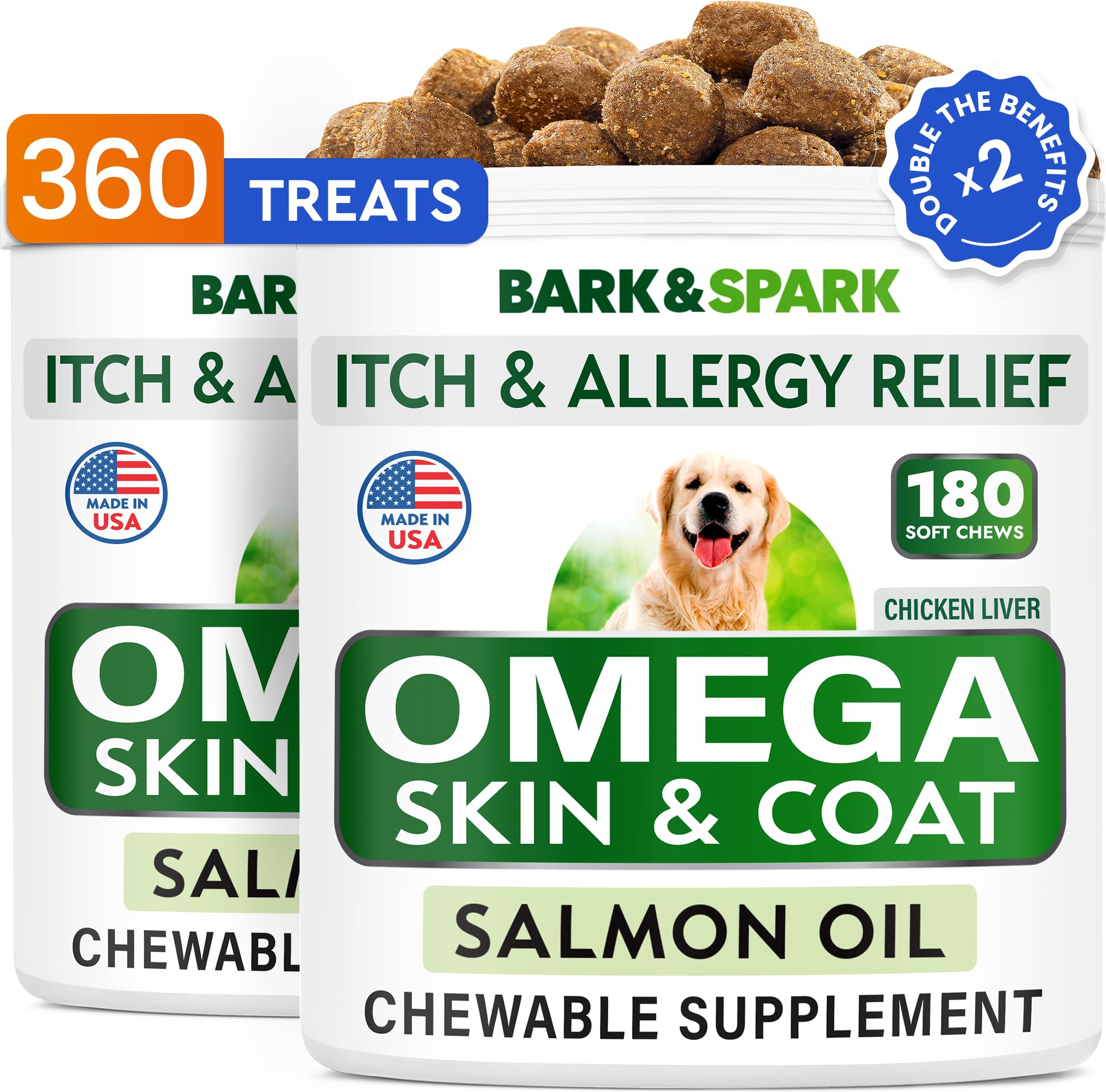 BARK&SPARK(Pack of 2 Omega 3 for Dogs - 360 Fish Oil Chews for Dog Shedding, Skin Allergy, Itch Relief, Hot Spots Treatment - Joint Health - Skin & Coat Supplement - EPA&DHA Fatty Acids