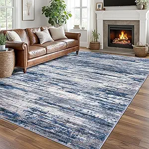 Navy Blue Gray Neutral Multi 8x10 Modern Abstract Area Rug for Bedroom, Large Super Soft Washable Rugs with Non-Slip, Non-Shedding Carpet for Living Room, Indoor Door Mat For Office Home Décor