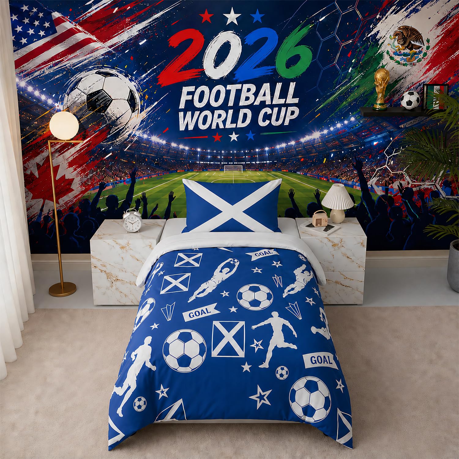 Football Duvet Cover Set Single Bed – Kids Saltire Flag Bedding, Soft Easy Care Quilt Cover & Pillowcase, Blue White Football Gift for Boys Girls Teens, 2026 Tournament (Blue, Single)