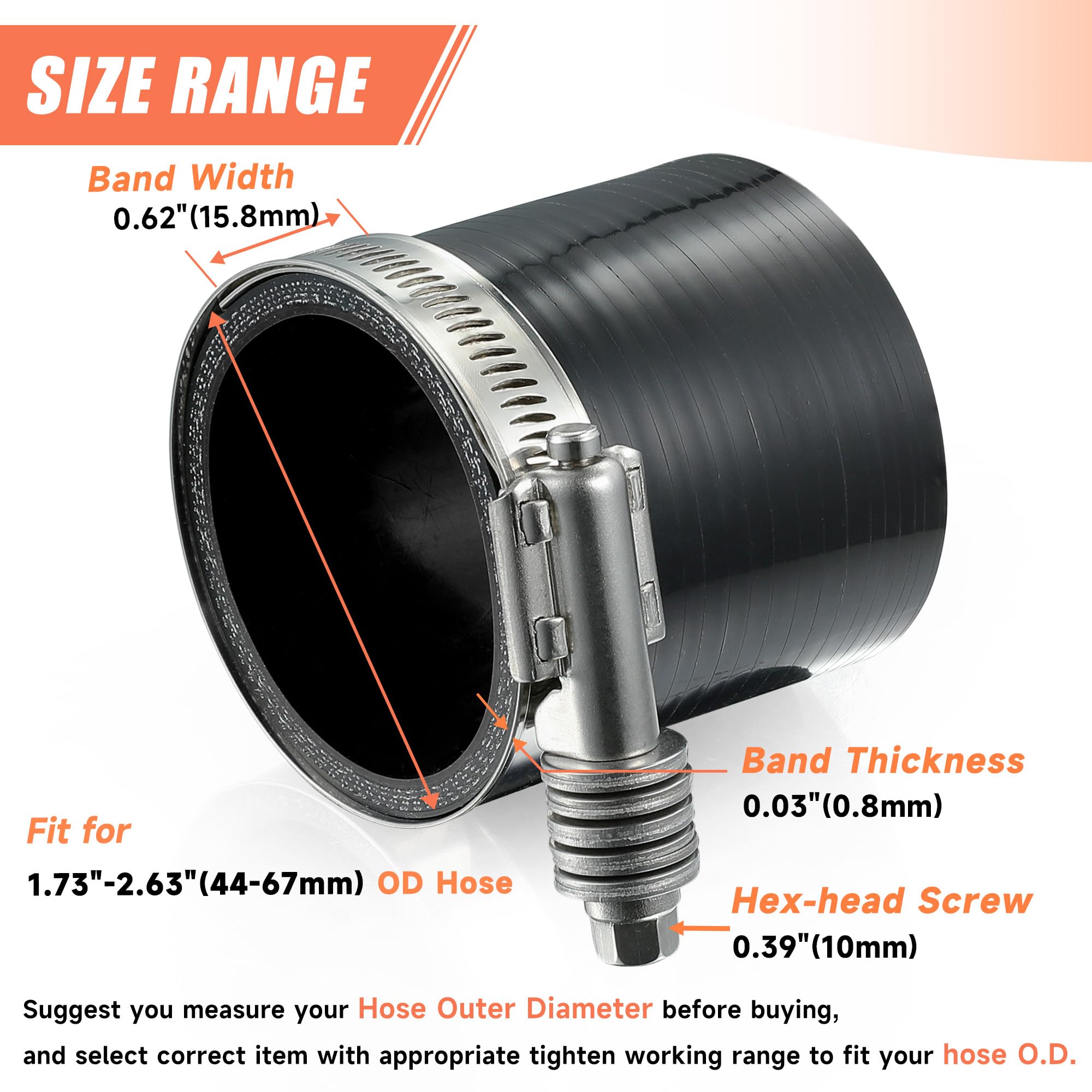 4-pak wytrzymałych zacisków do węża ślimakowego, regulowany zakres 1 3/10.2 cm-2 5/20.3 cm (44-67 mm) 304 zaciski do węża przekładni ślimakowej ze stali nierdzewnej do rur wodnych,