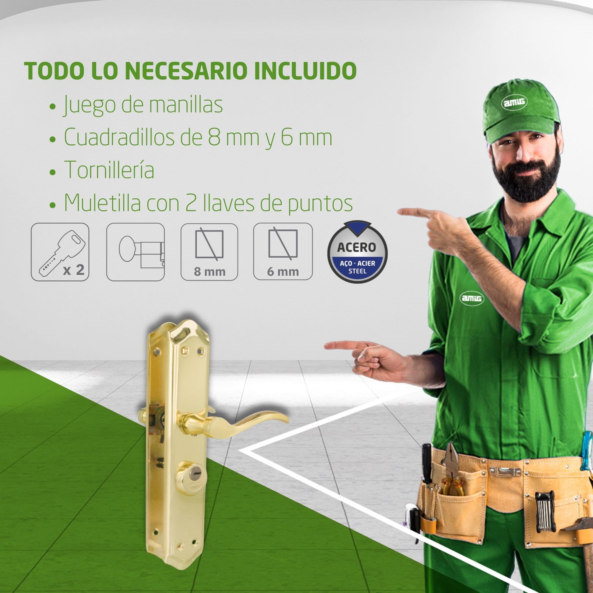 Amig - Manilla para puertas Derecha Mod. ALFA con Muletilla Mod. 46 - Acero Latonado - 255 x 48 mm - Cuadradillo de 8mm - Incl. 2 llaves - Para puertas de 35 a 45 mm - Dorado