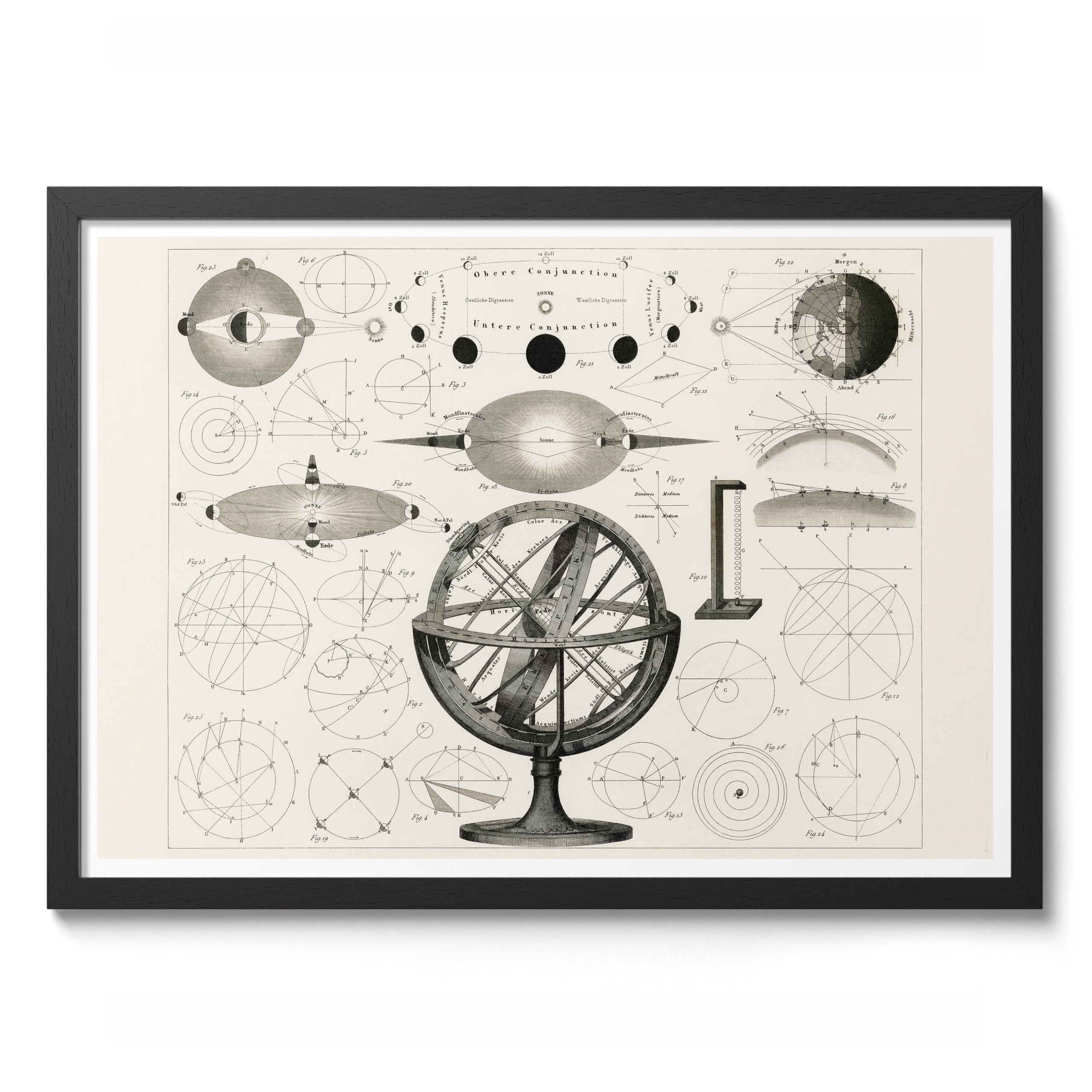 Armillary Sphere Astronomy Vintage Space Poster, Retro Astronomy Illustration Print, Galaxy Planet Nasa Wall Art Painting Universe Moon Eclipse Office Home Decor, 50x70cm (Black Frame) - 53x73cm — image 1