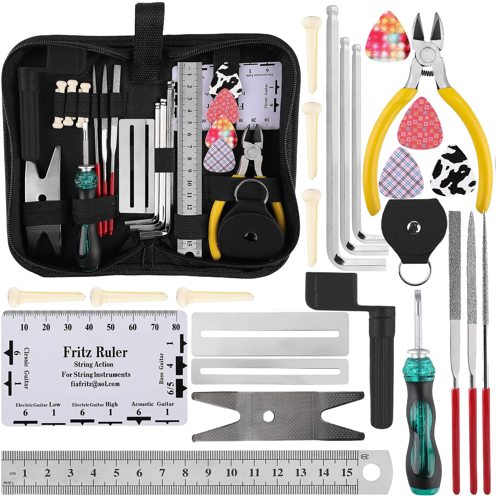 26 PCS Kit D'outils De Réparation De Guitare, Kit D'outils De Entretien De Réparation Pour Guitare, Avec Clés Hexagonales, Organiseur De Cordes, Outil De Mesure De Jauge, Pour Guitare, Basse, Ukulélé