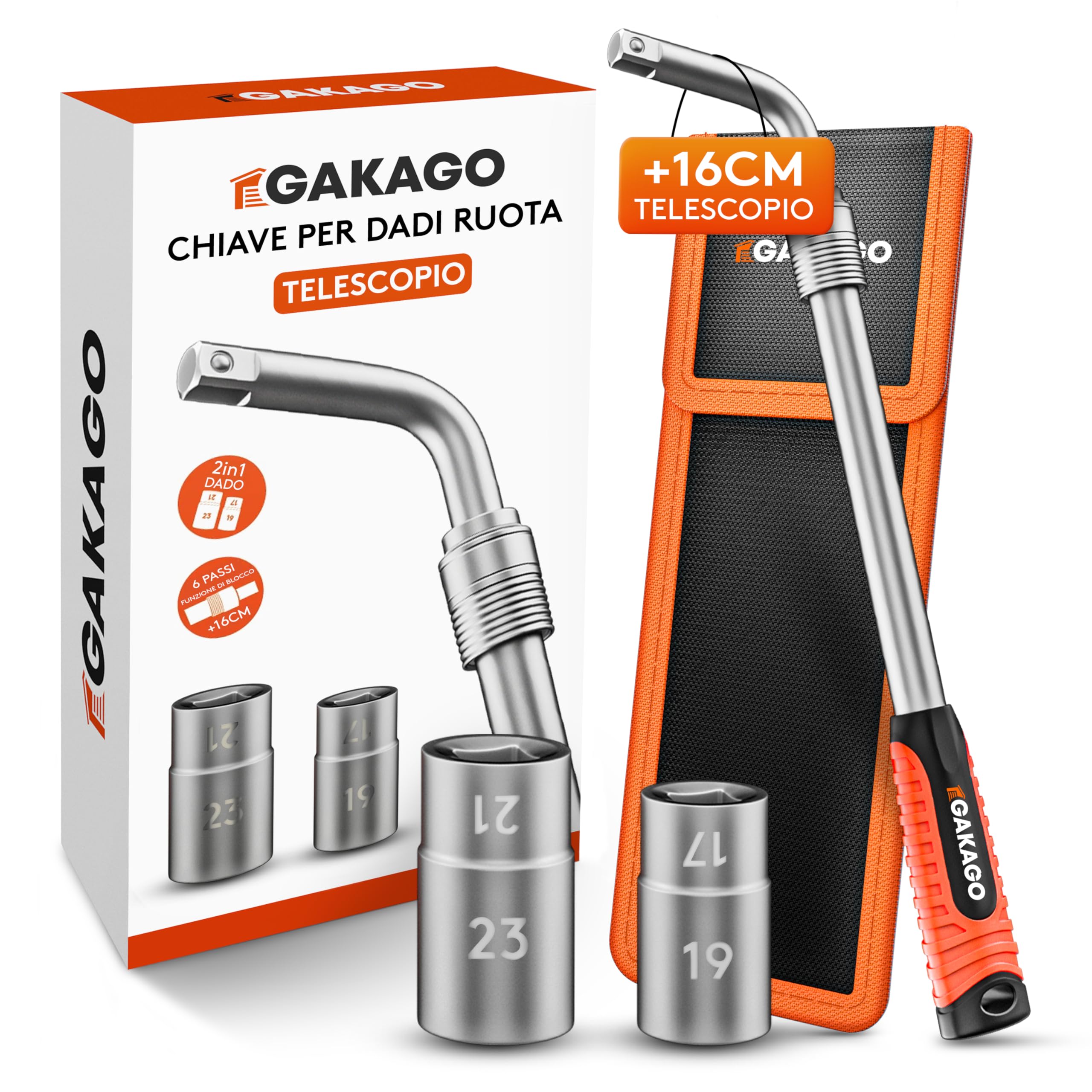 Gakago Set di chiavi telescopiche per dadi ruota con bussola da 17/19 mm e 21/23 mm da 1/2 pollice - Chiave ruota allungabile extra lunga - Pratica borsa per riporla