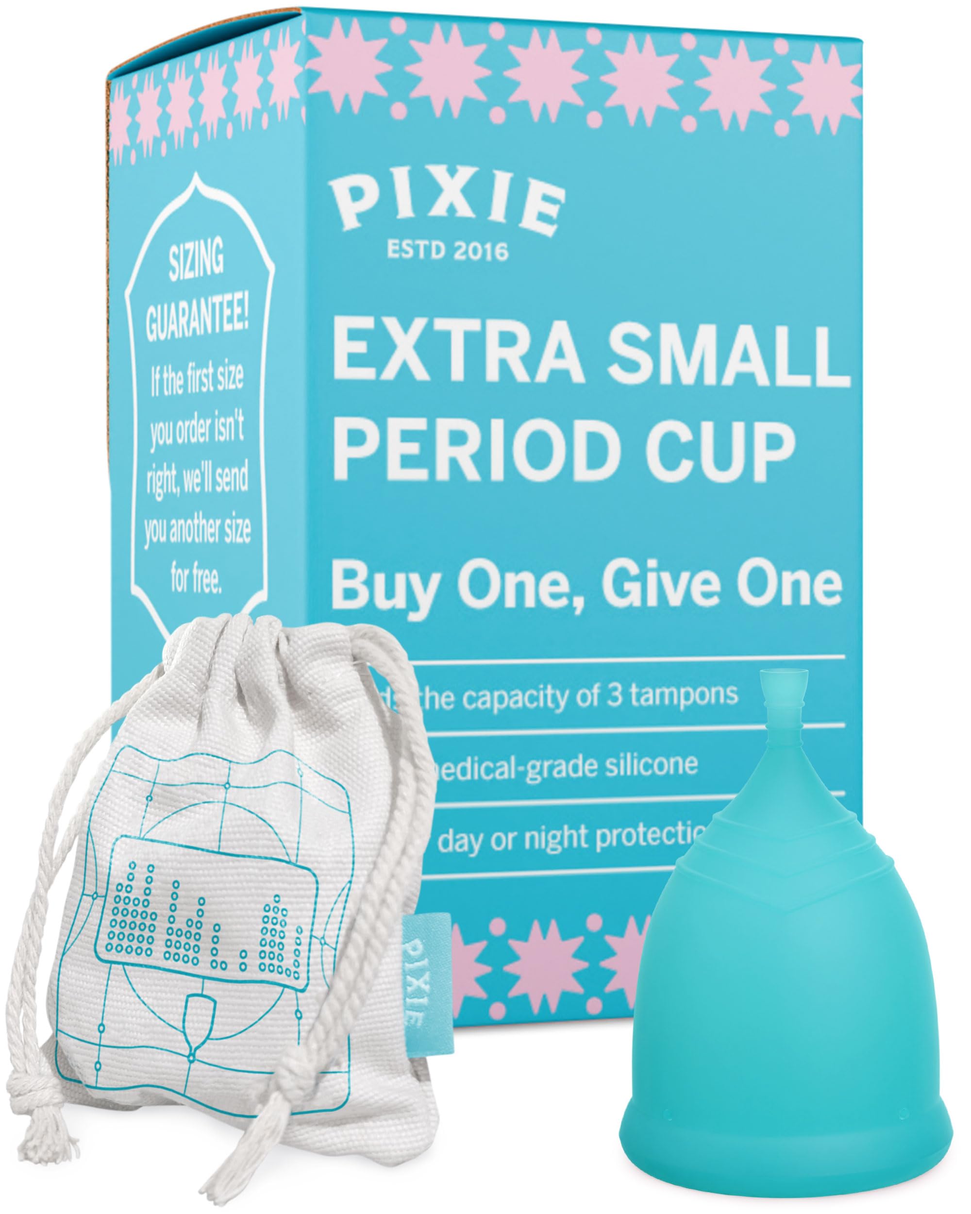Pixie Menstrual Cup - No Metals or Toxins - 100% Medical-Grade Silicone - Ranked 1 for The Most Soft Reusable Period Cup - Wear 12 Hours - Tampon Alternative - Buy One We Give One (XS)