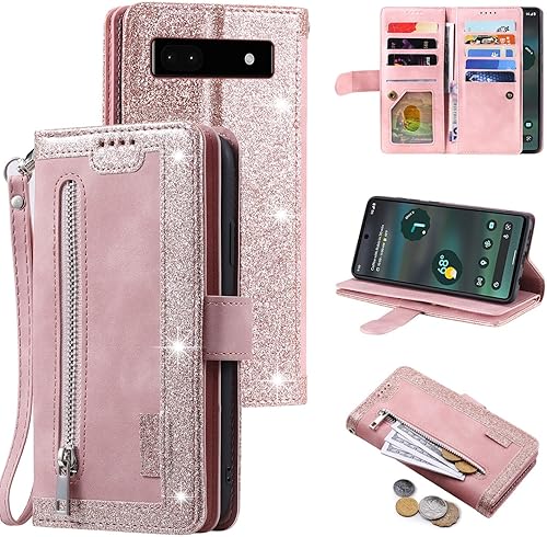 Miniatura 1 de Furiet Funda tipo cartera para Google Pixel 6A 5G 2022, estilo retro, mate, 9 ranuras para tarjetas, funda de bolsillo con cremallera, cierre