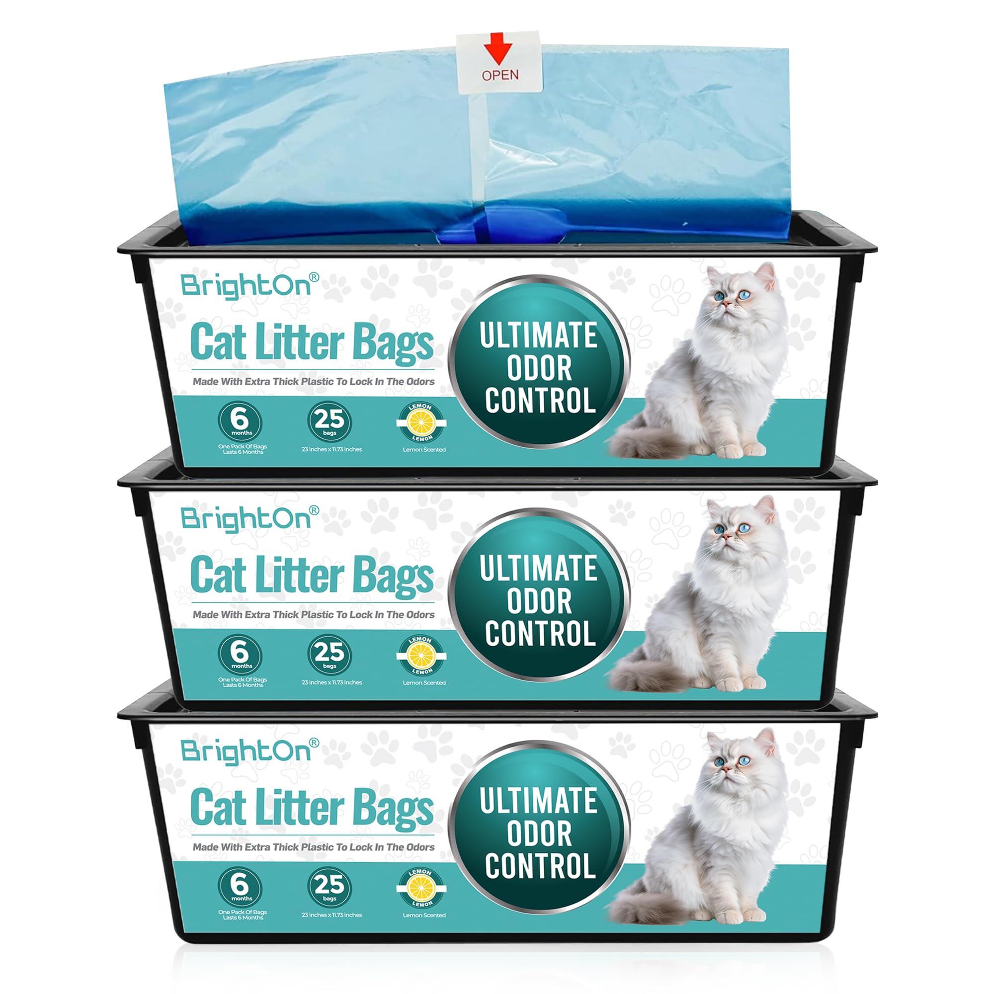 BrightOn Litter Bag Refill Roll for Genie Easy Roll Litter Bin, Ultimate Odor Control,(Unscented) (75 Bags / 3 Dispensers Lemon Scented)