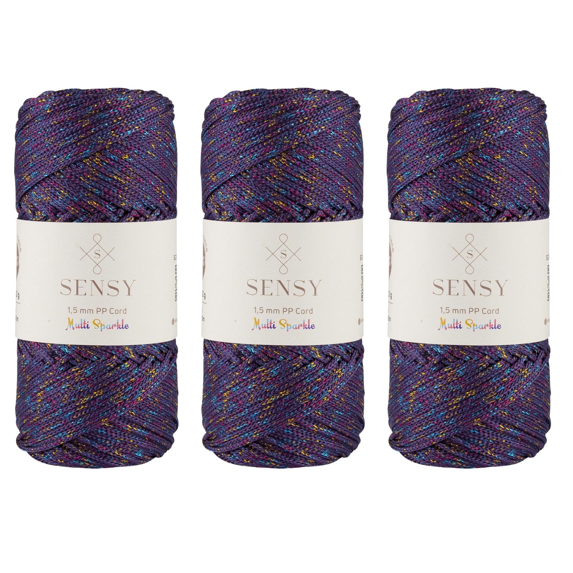 3 Skeins of Sensy 1.5mm 164 Yards Sparkle Polyester Rope 90% Polypropylene 10% Polyester Cord Macrame Cord Crochet Bag Cord Macrame Rope Crochet Thread Gift for Knitter (Purple Multi Sparkle)