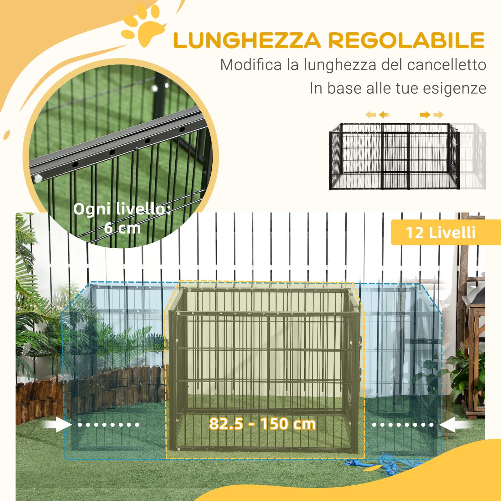PawHut Recinto per Animali con 6 pannelli per Esterni e Interni, Lunghezza regolabile 82.5-150x79x61cm, Metallo
