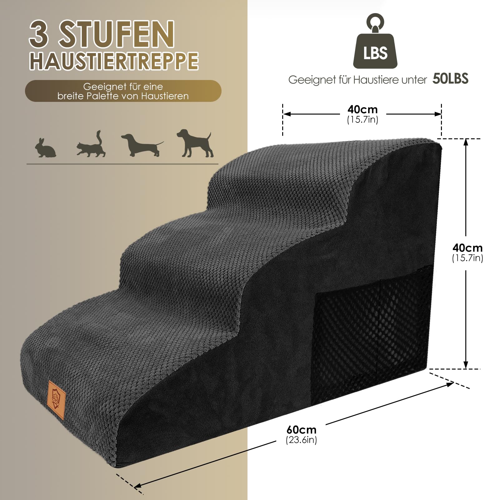 Thihome Scala per cani di piccola taglia, 3 livelli, spugna ad alta densità, altezza 40 cm, con rivestimento impermeabile, antiscivolo, scala per animali domestici, colore nero