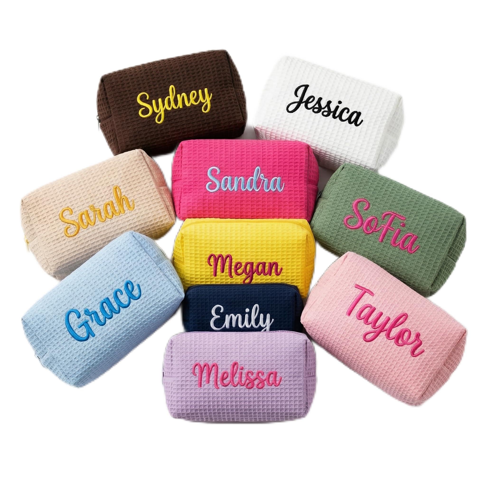 Borsa da trucco personalizzata con nome ricamato, borsa da bagno in maglia goffrata personalizzata per donne, borsa da viaggio grande e piccola borsa da trucco per regali da damigella