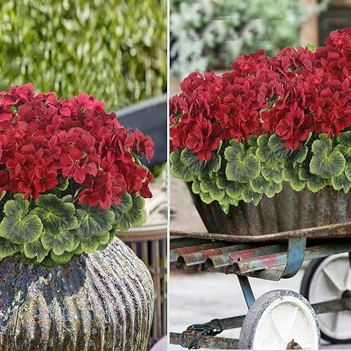 Miniatura 6 de 2 piezas de geranios artificiales para exteriores, flores de geranio de seda, arbusto de geranio artificial rojo, flores sintéticas, ramas de