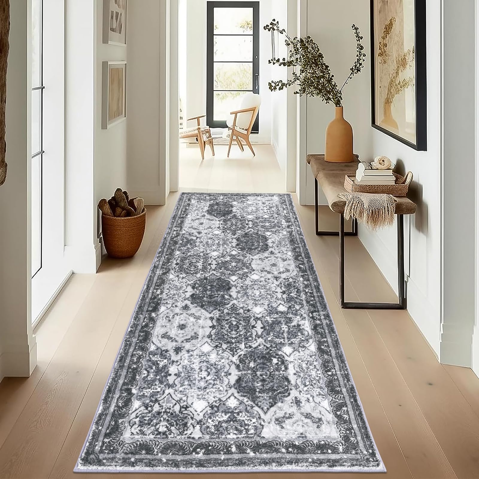 Enyhom Runner Rugs for Hallway 66 x 183cm Super Soft Boho Kitchen Rugs Non Slip Stair Runner Washable Hallway Runner Long Floor Rug for Living Room Entryway Laundry Room Dark Grey - Image 2