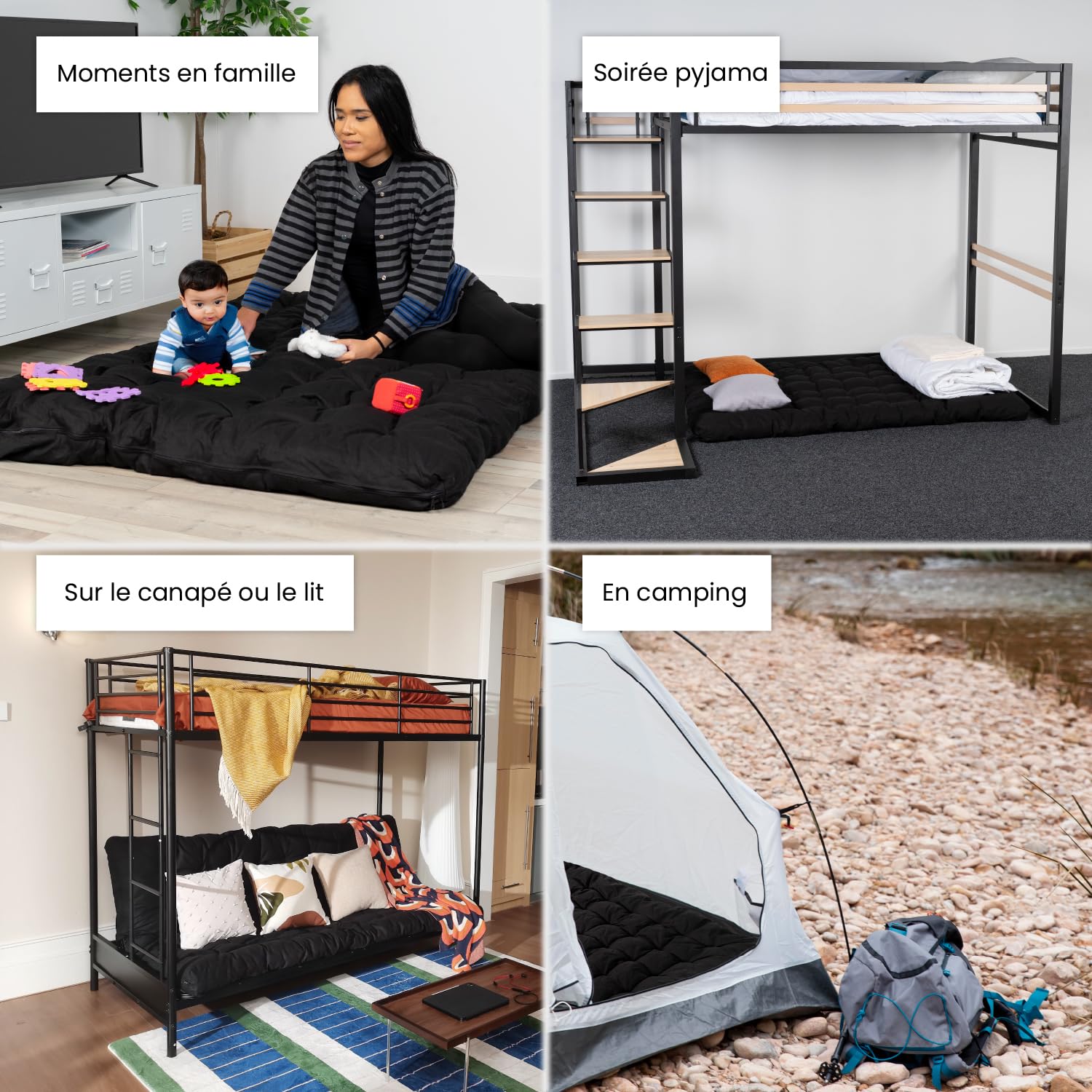 MEUBLE COSY Futon Portatile Pieghevole a 2 posti, Materasso 135 x 190 x 10 cm, Nero