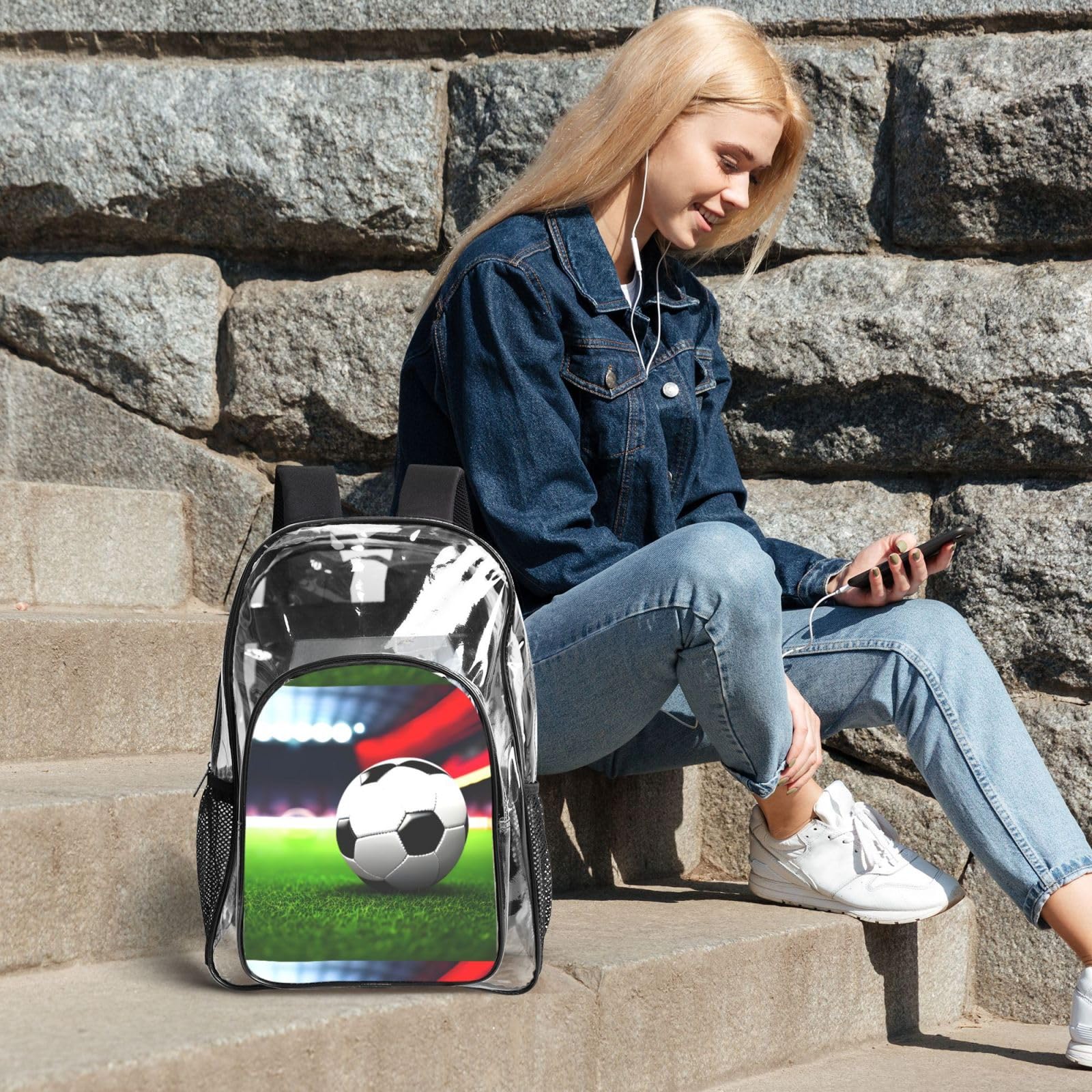 Juego de bolsas transparentes de 3 piezas con estampado de balón deportivo de fútbol para niños, bolsa transparente con bolsa de almuerzo aislada incluida