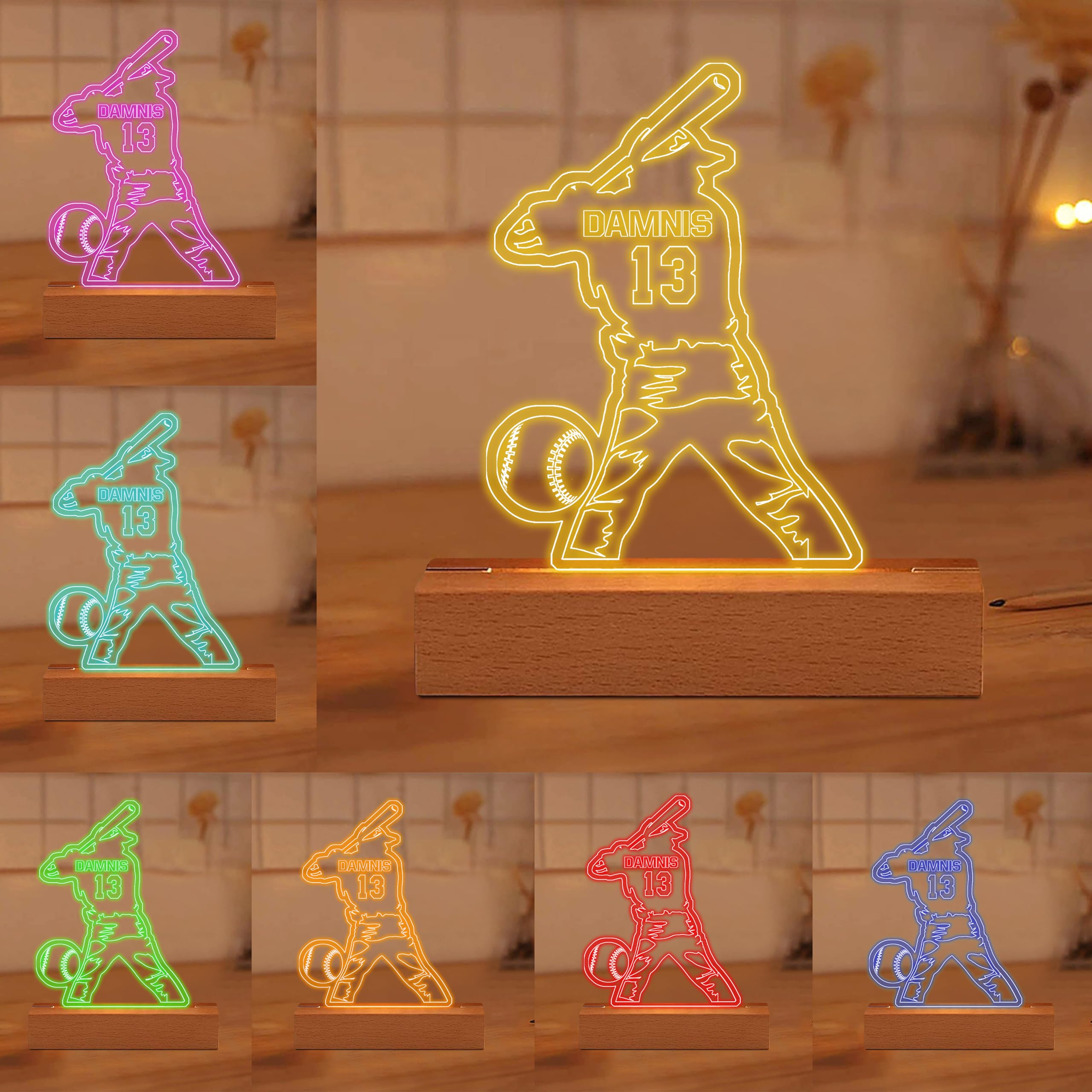 Personalzied Baseball Player Name Number Acrylic Night Light for Kids 3D LED Baseball Lamp Baseball Team Gifts for Bedroom Baseball Coach LED Light Baseball Room Decor Gift for Boy Men Boyfriends Son