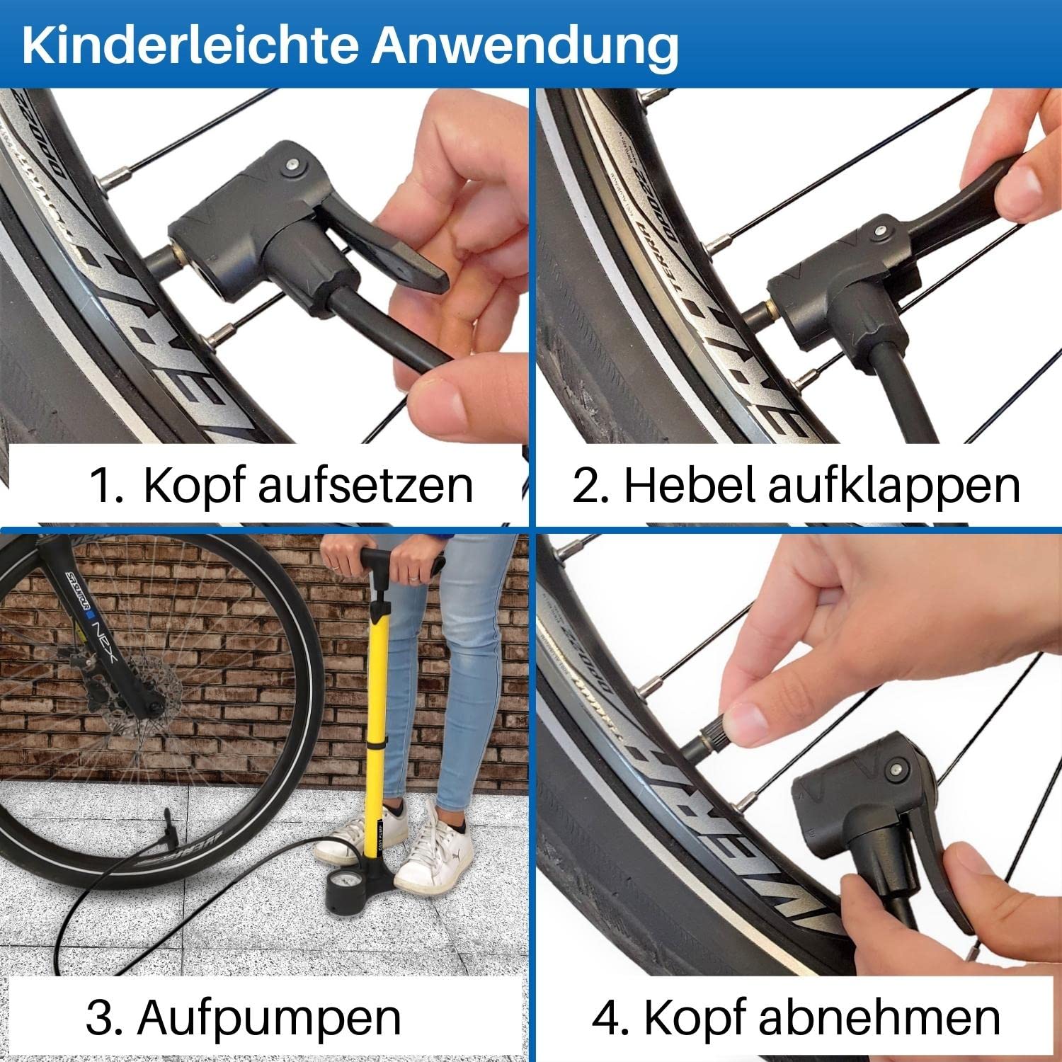 HiLo sports Bomba de aire de pie para bicicleta – [Se adapta a todas las válvulas] – Bomba de bicicleta de 11 bar con manómetro grande – Bomba de pie para bicicleta de acero lacado