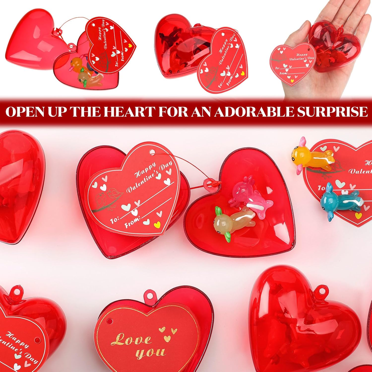 Syhood 28 Packs Valentines Day Hearts Filled with Axolotl with Valentine Cards Cute Stress Relief Resin Animal Axolotl for Valentine Party Favors Gift Exchange