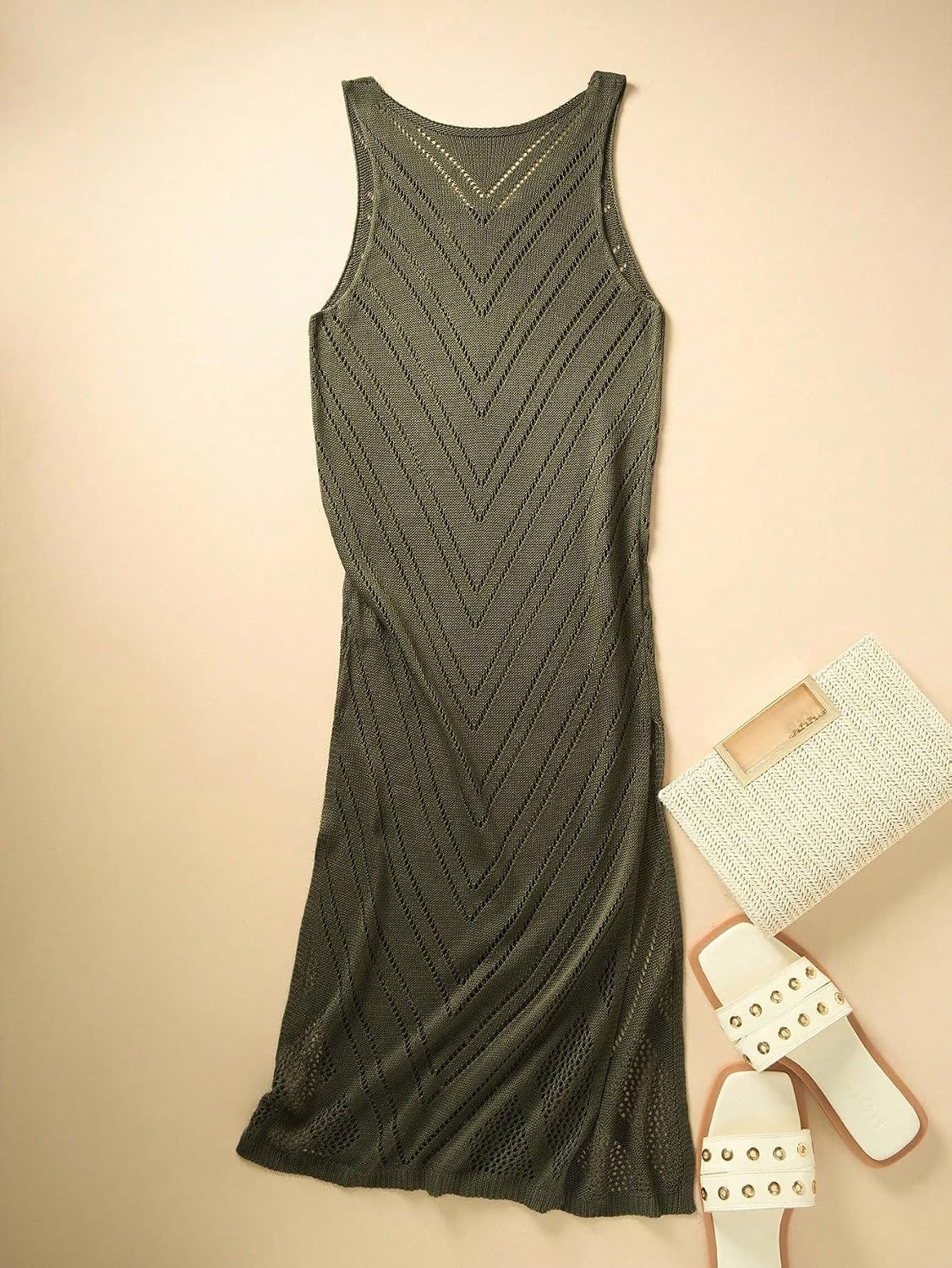 Summer Outfits For Women Hollow-Out Side Slit Hem Sleeveless Cover-Up Dress cover ups for swimwear