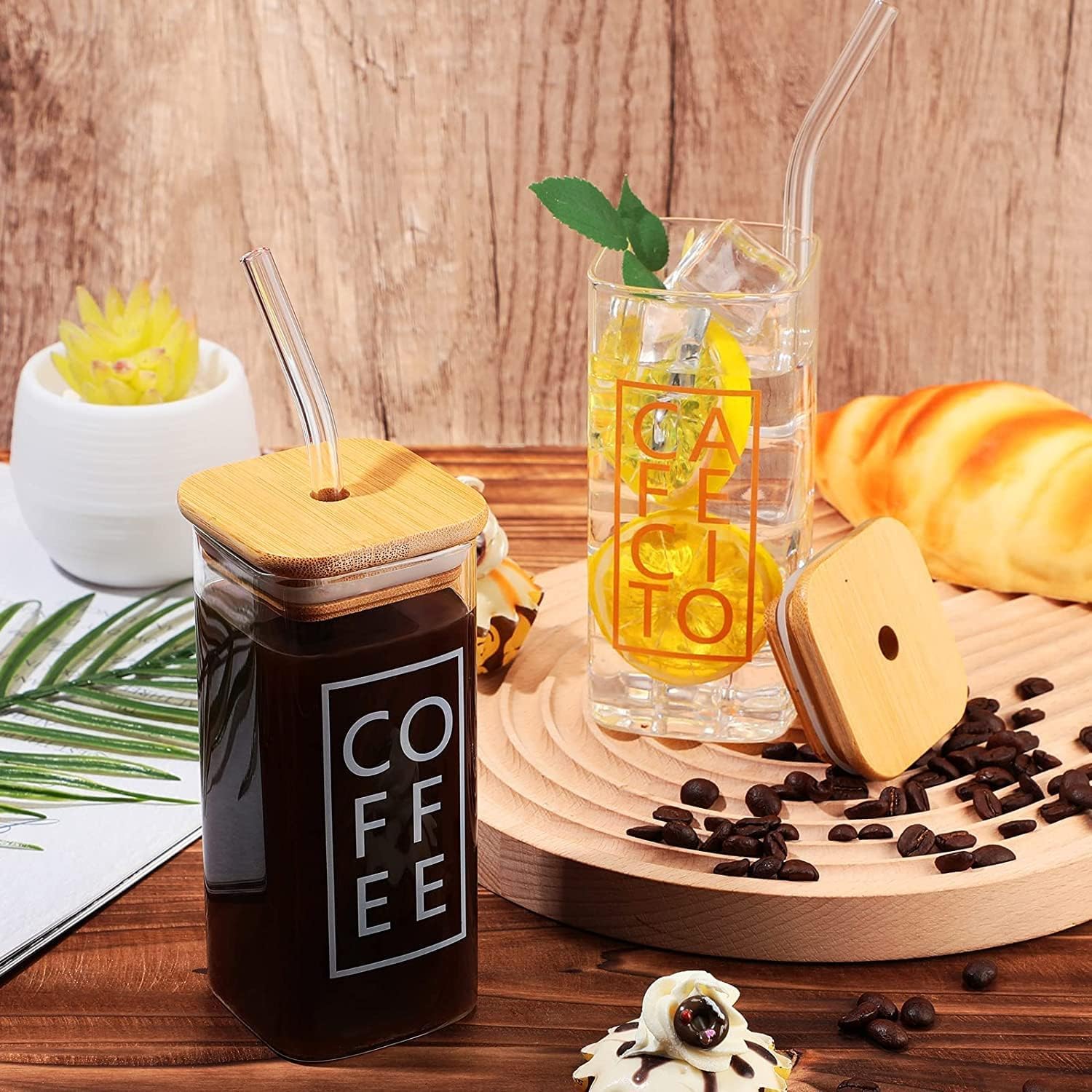 MTRXX Square Glass Drinking Mug with Bamboo Lid and Straw – Tumbler for Coffee, Tea, Juice, and Smoothies