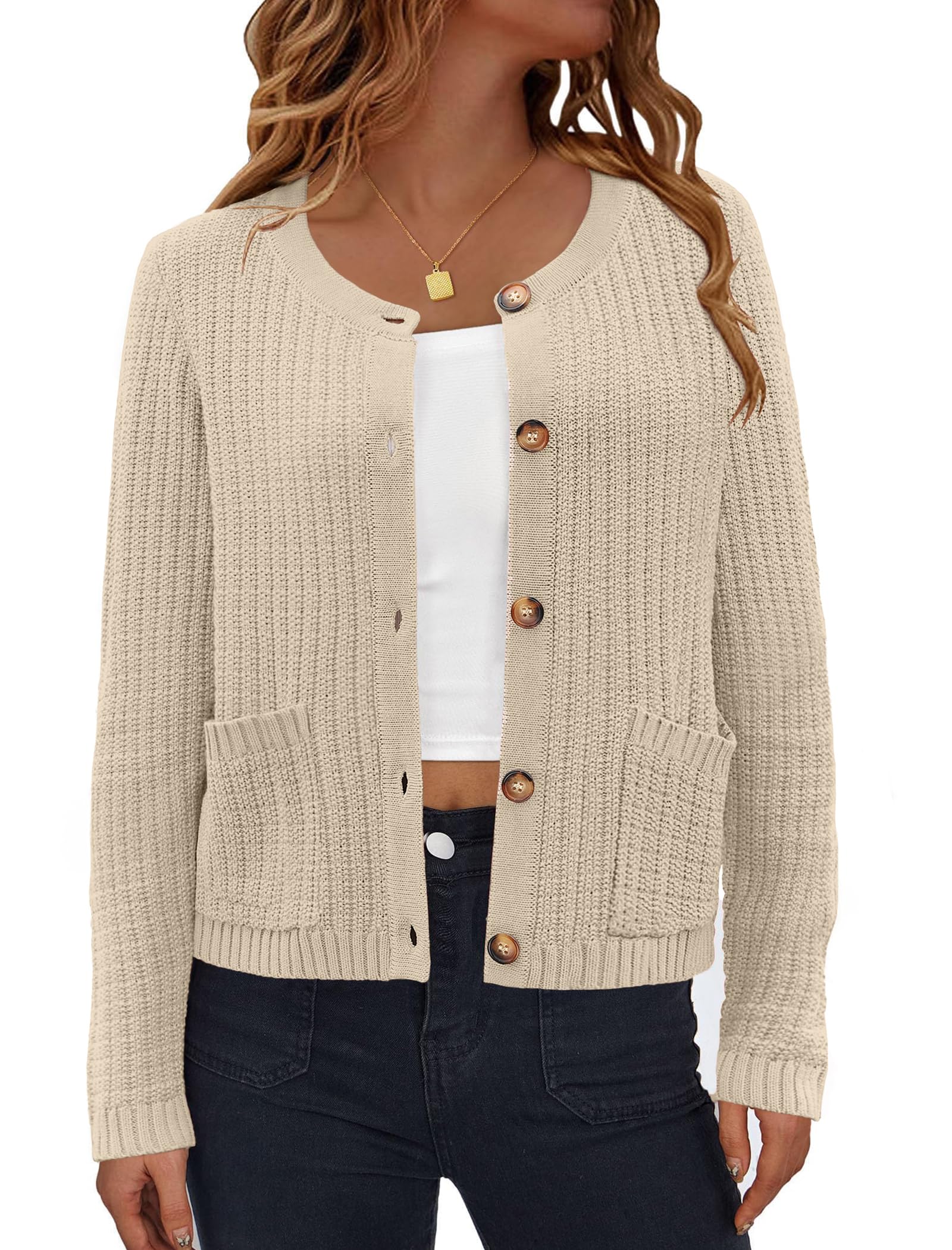 AGSEEM Womens Knit Button Up Cardigan Sweaters with Pockets Long Sleeve Crew Neck Open Front Sweater Jackets Outerwear