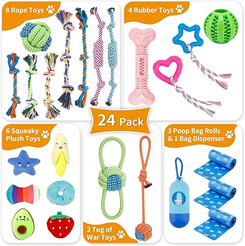 Miniatura 2 de Enido Paquete de 24 juguetes de cuerda para perros de razas pequeñas y medianas, juguetes para masticar cachorros, juguetes de dentición para