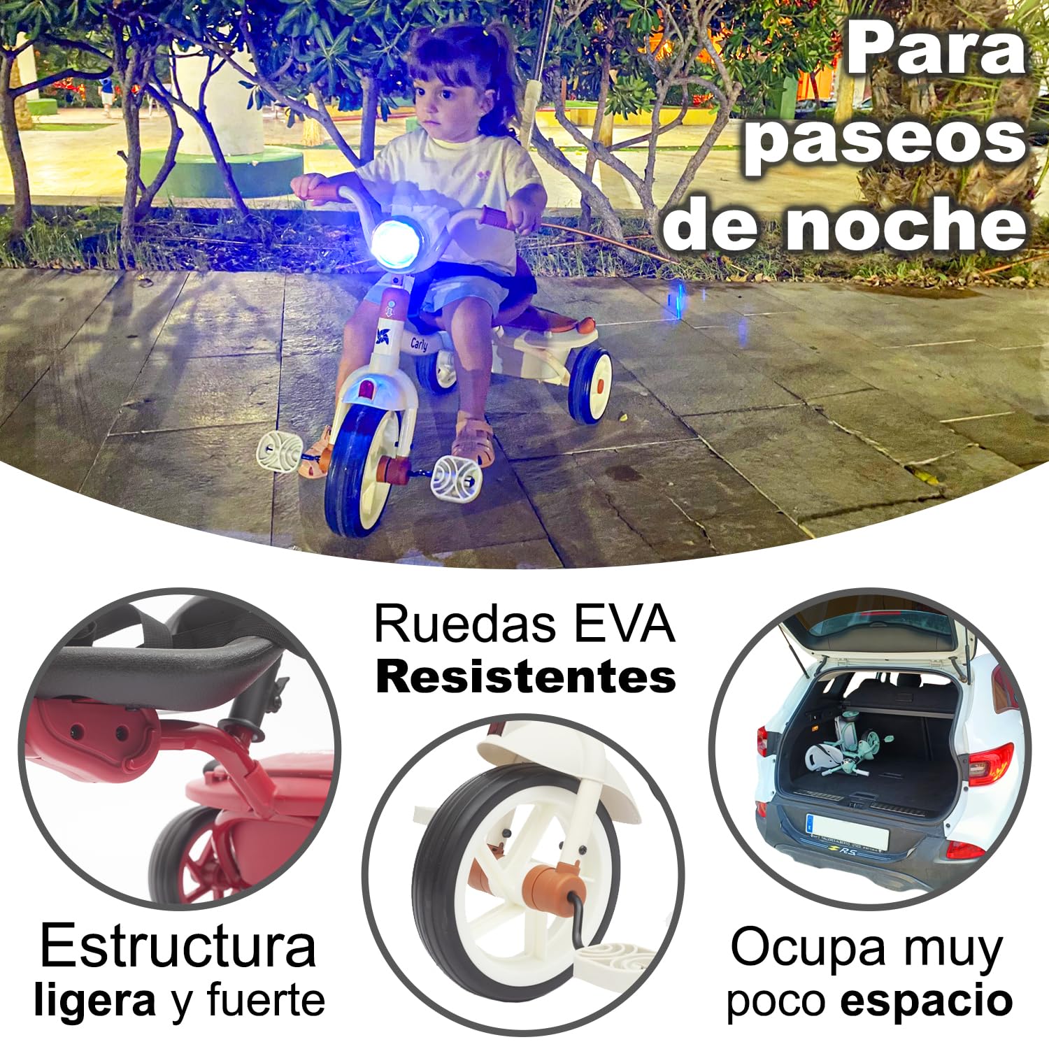Twinly Triciclo Evolutivo Plegable Carly, Blanco, 1-5 Años | Ligero y Compacto, Manillar con Luz y Sonido, Cesta Incluida, Barra de Empuje Ajustable