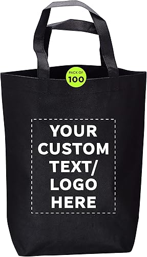 DISCOUNT PROMOS Bolsa grande reutilizable y resistente, paquete de 100 unidades, logotipo personalizado, texto, bolsa de compras para la playa,