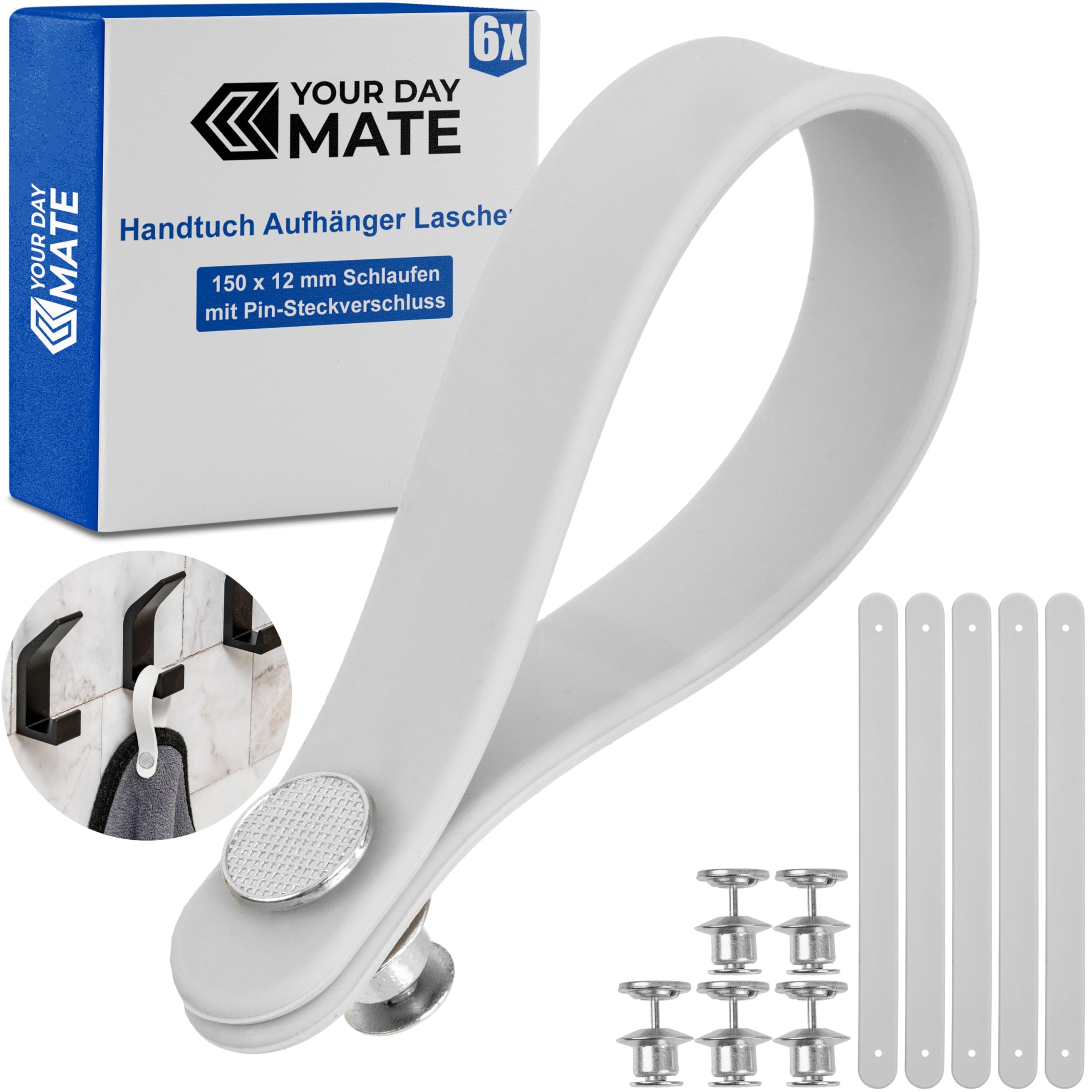 No-sew hangers for textiles 6 pack, 150 x 12 mm loops, in white, made of silicone, with pin and button fastening