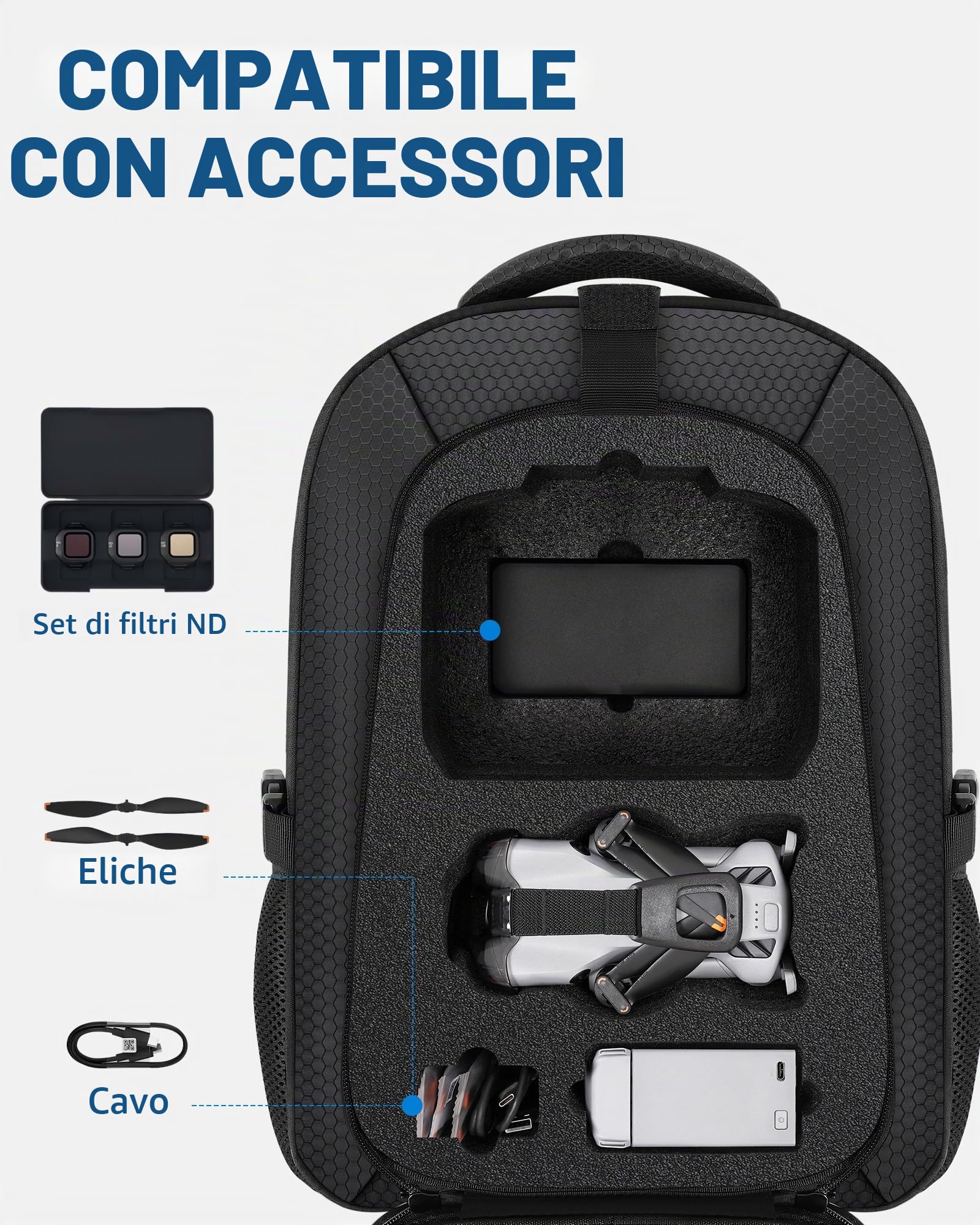 PEKREWS Zaino per Mini 5 Pro, Zaino Grande Capacità per DJI Mini 5 Pro, RC 2/RC-N3, Compatibile Con Laptop 15,6 Pollici, Custodia Rigida Idrorepellente per Accessori Fly More Combo
