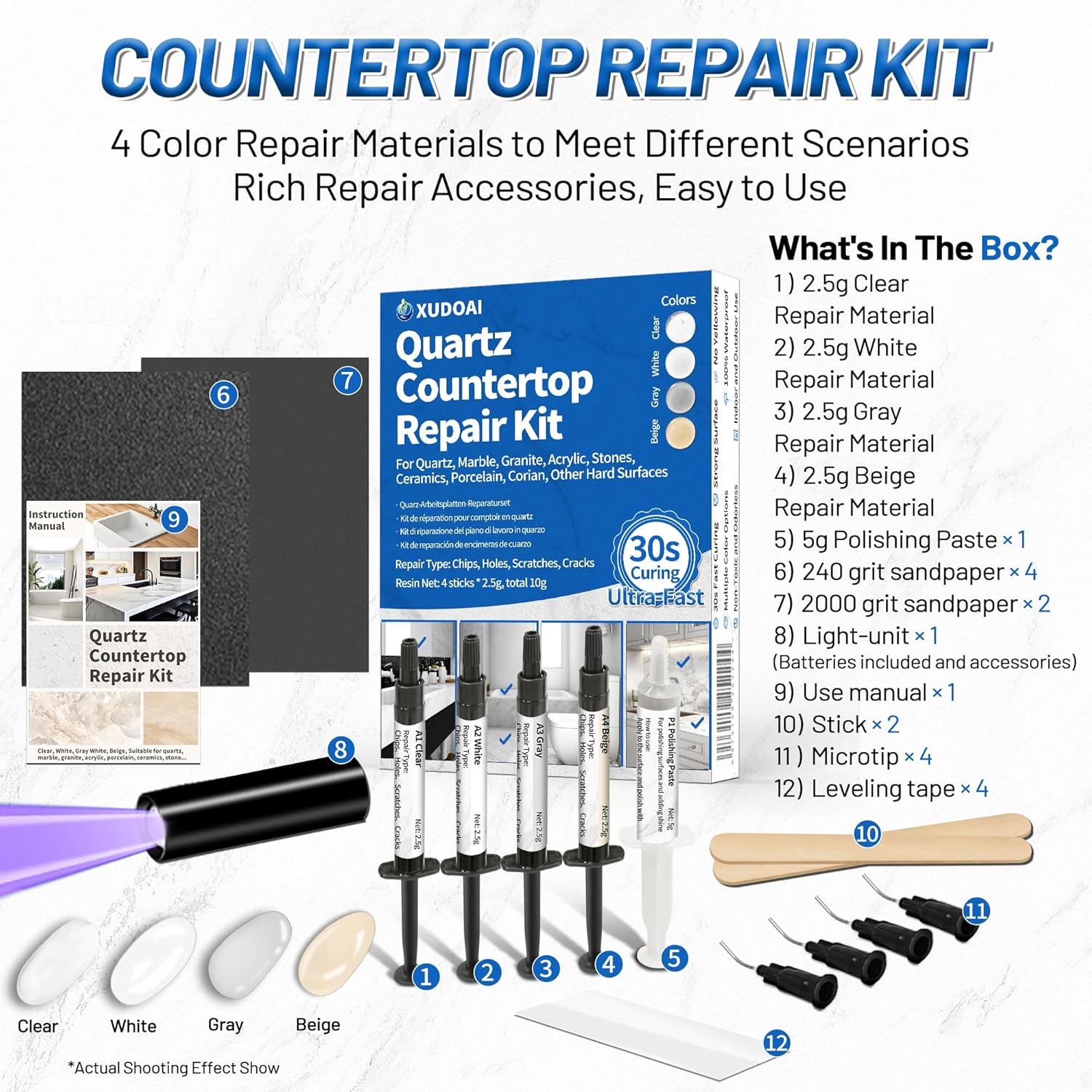 Quartz Countertop Repair Kit (Clear, White, Gray, Beige) 30s Fast Curing DIY Fix Luxury Stone, Granite Marble Acrylic Porcelain Fiberglass Quartz Countertop Chip Repair Kit for Cracks Holes Scratches - Image 4