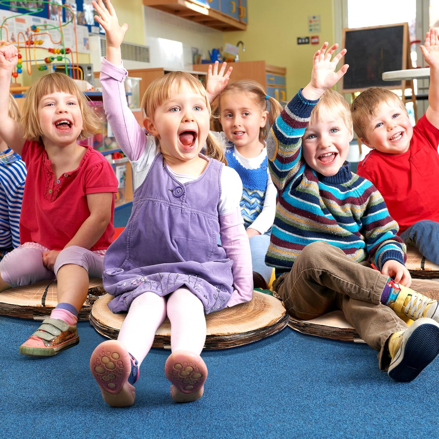 Suzile 8 Pcs Wood Slice Kids Floor Cushions for Classroom, Round Tree Stump Throw Pillows, Soft Waterproof Flexible Seating Mat for Home Daycare Preschool Kindergarten