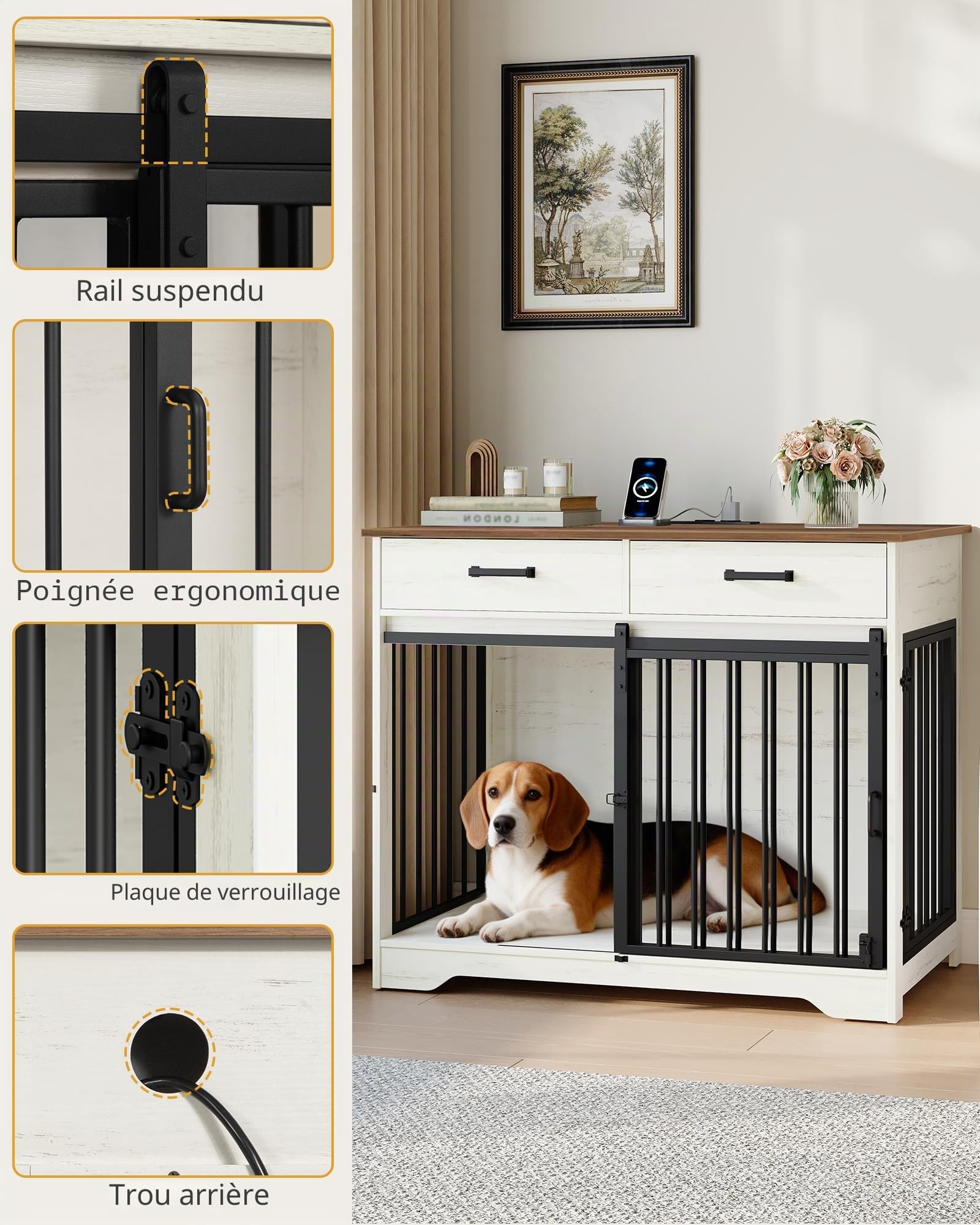 Cage pour Chien Meuble avec Prise, Table d'appoint pour Moyens/Grands Chiens, 97 x 56 x 81 cm, Blanc et Marron