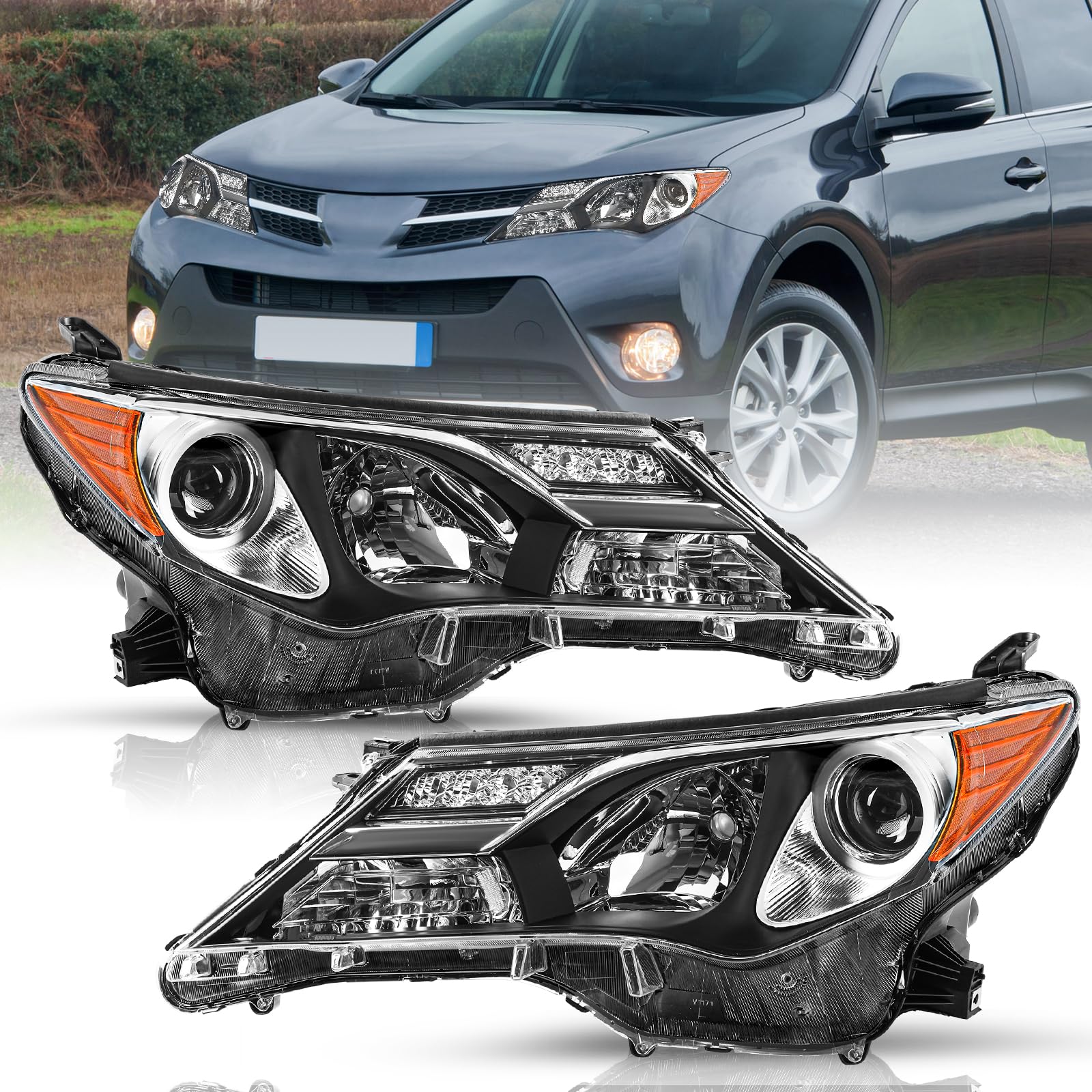 TUSDAR Headlight Assembly fits For 2013 2014 2015 Toyota RAV4 13 14 15 OE Style Halogen HeadLamp Replacement Left Driver & Right Passenger Side