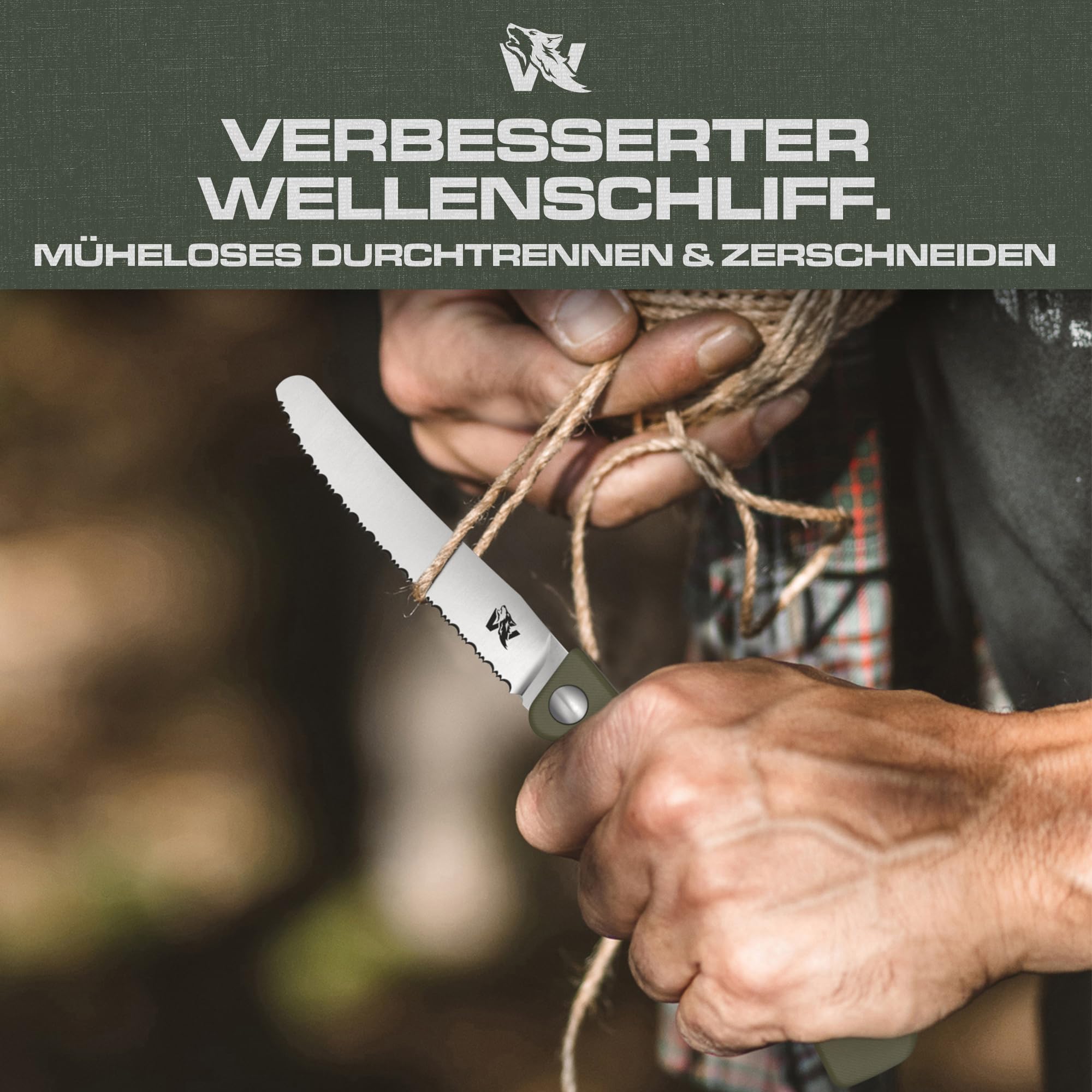 Brotzeitmesser Klappbares Frühstücksmesser Mit Etui, Wellenschliff, Grün