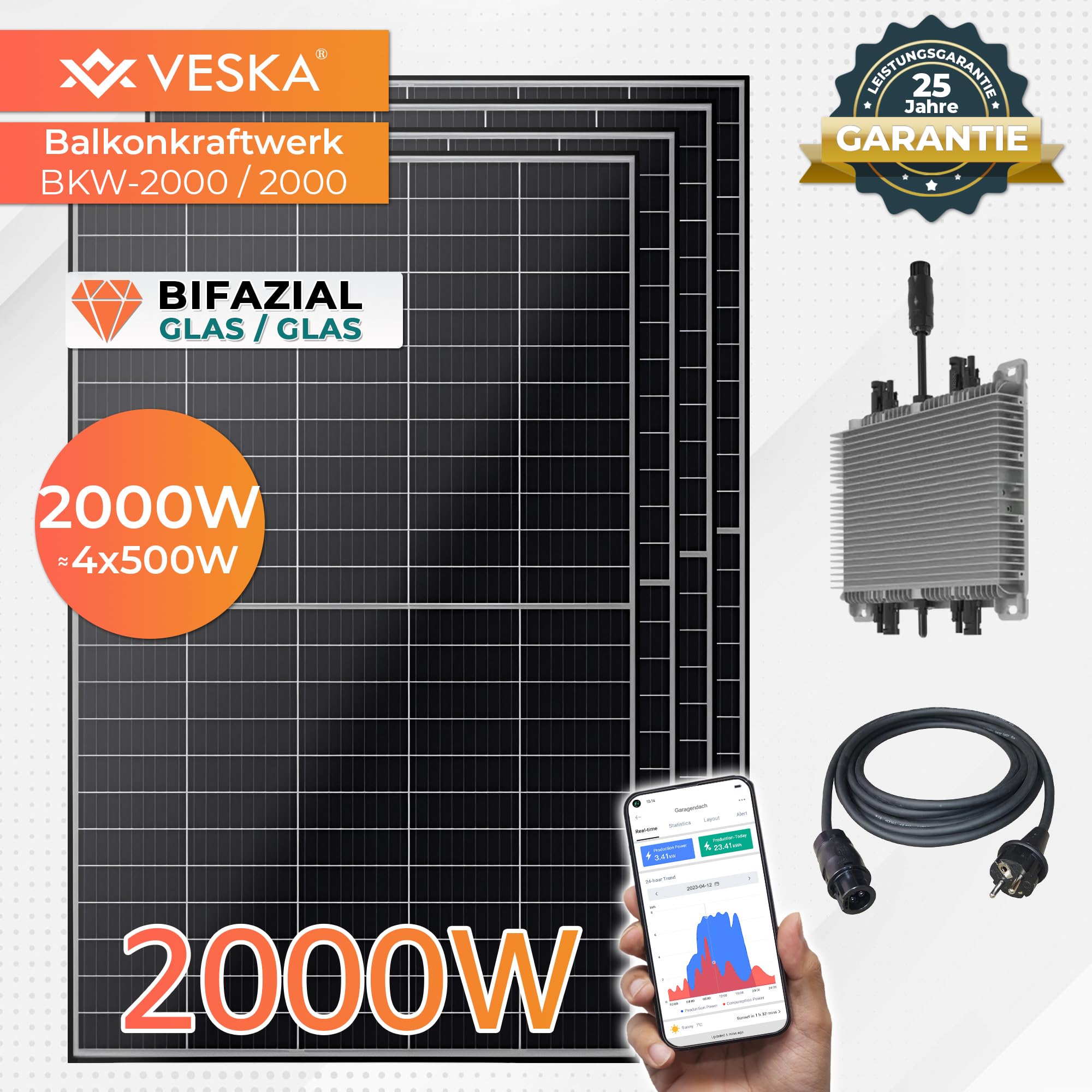 Balkonkraftwerk 2000W - Solaranlage Bifaziale Glas/Glas Paneele, WiFi Smarte PV Anlage Echtzeit-Überwachung via App mit WLAN