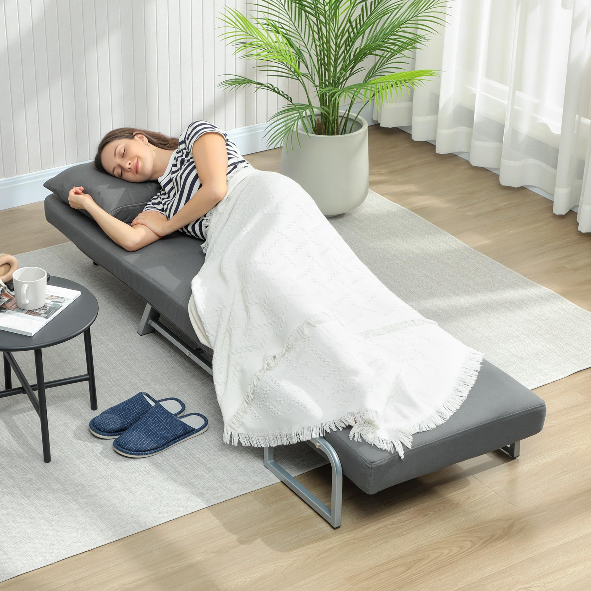 HOMCOM Sofá Cama de 1 Plaza 3 en 1, Sofá Cama Plegable Tapizado en Lino Sintético con Respaldo Ajustable de 5 Niveles y Almohada Acolchada, para Oficina, Dormitorio, Salón, 73x78x81 cm, Gris Oscuro