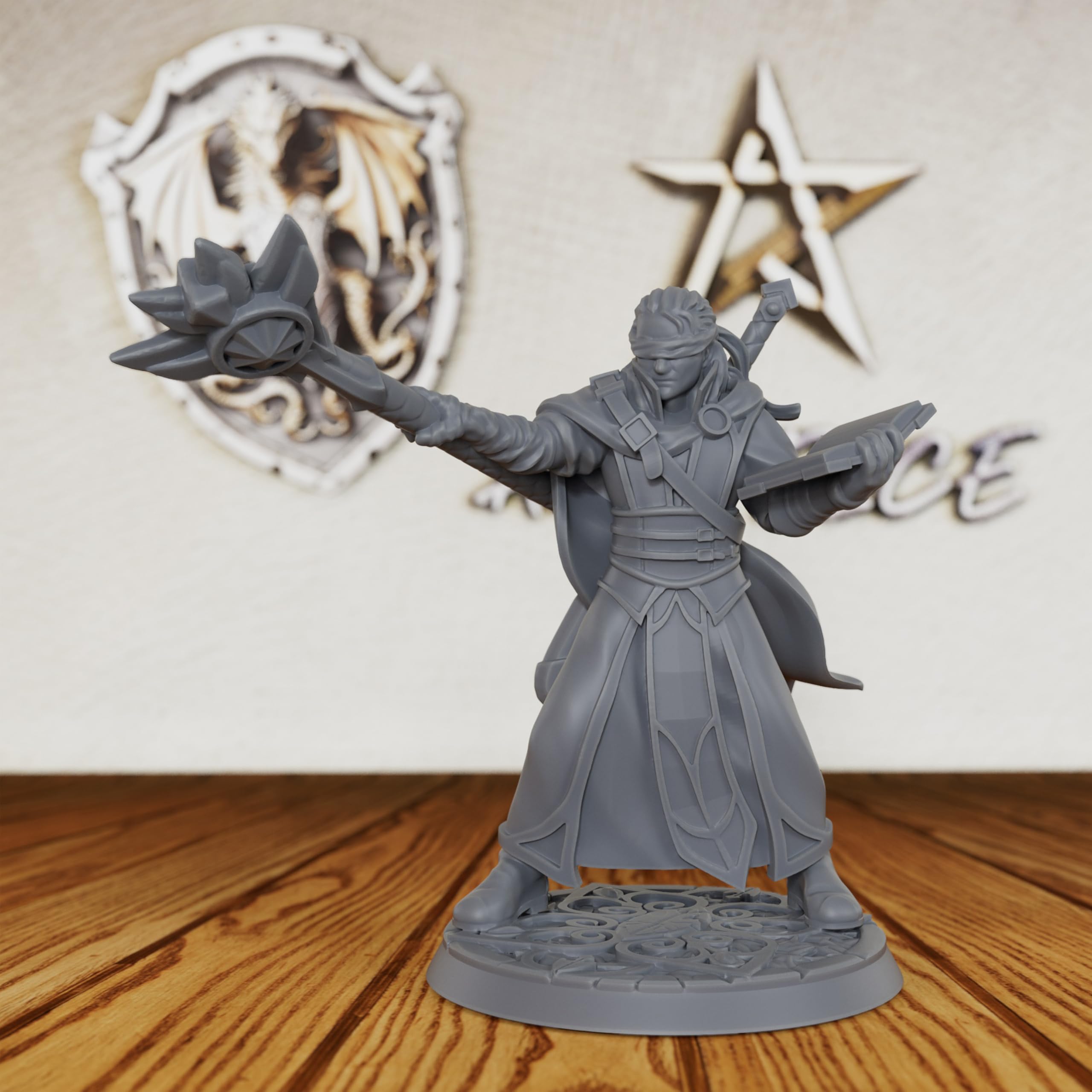 Arcane Spellcaster Miniature - Unpainted 28mm Scale Blindfolded Occultist with Staff & Gr…