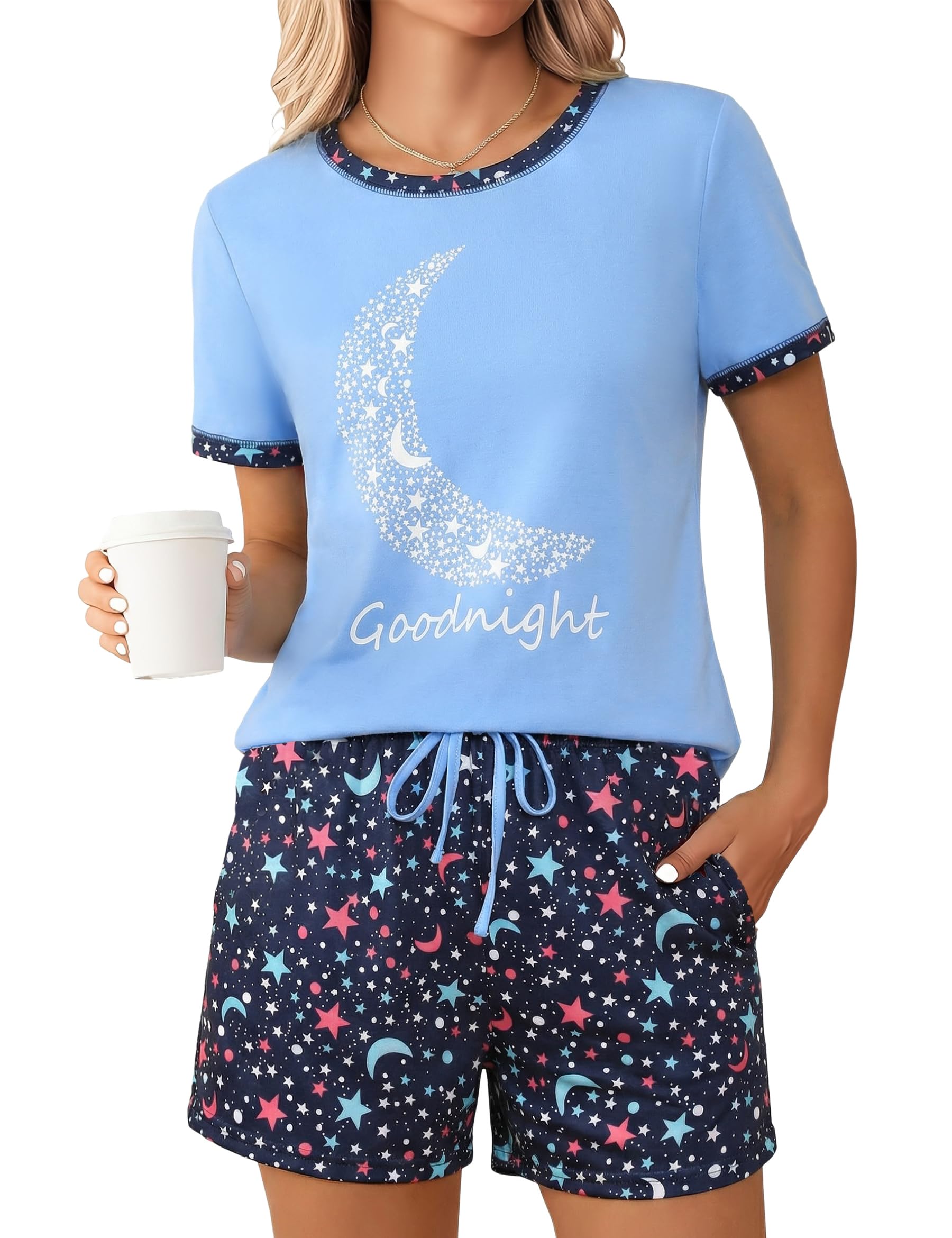 Uniexcosm Schlafanzug Damen Kurz Pyjama Set Baumwolle Zweiteiliger Nachtwäsche Kurzarm Rundhals Sternen und Mondmustern Sleepshirt und Pyjamahose Sleepwear Hausanzug Stil 2:Himmelblau M