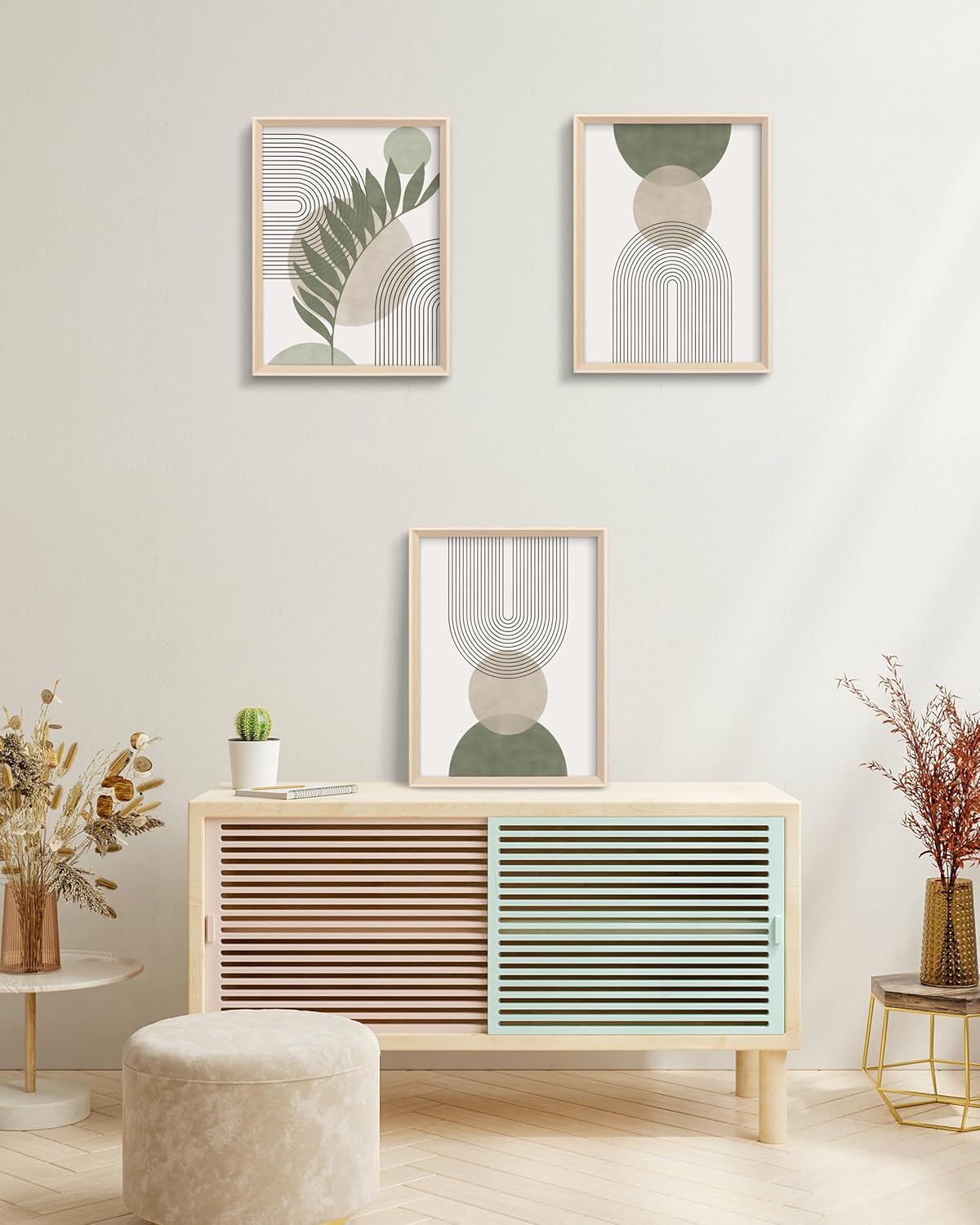 HesenDot Boho Sage Green Framed Wall Art, 12x16in High Framed Design Canvas Prints Wall Decor,Minimalist Abstract Green Poster Home Decoration for Living Room Bedrrom Gallery Office,Set of 3