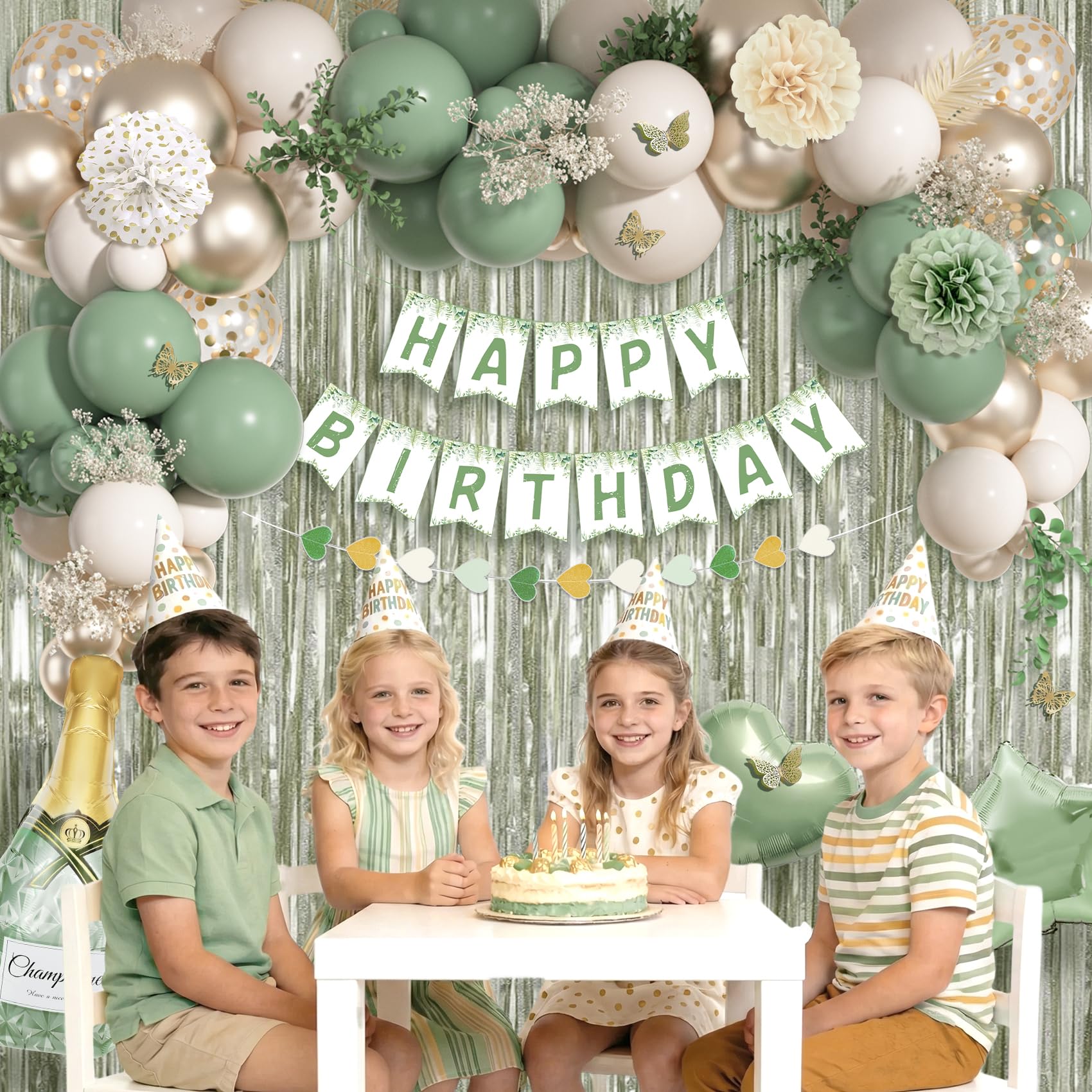 Ouddy Life Decoración de cumpleaños verde salvia, cortina de flecos de globos de confeti verde blanco y dorado, pancarta de feliz cumpleaños, decoración de pastel para mujeres, niñas, niños, neutro,