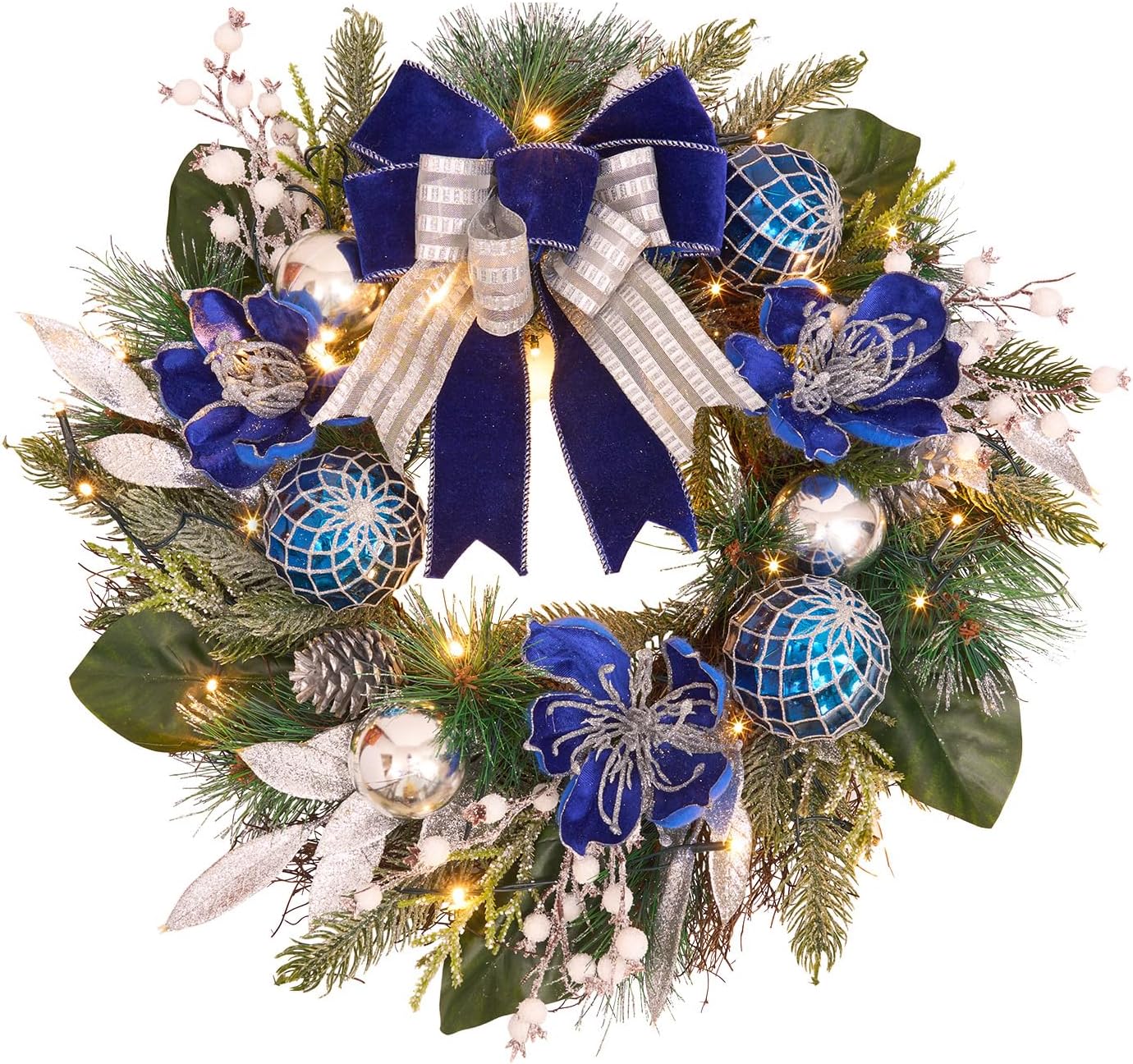 Pre-Lit Christmas Wreath for Front Door with Timer 20 Lights,Lighted Christmas Wreath Silver Blue Xmas Ball for Fireplace Window Outdoor Table Centerpiece Holiday Decoration,Magnolia Winter wreath-20