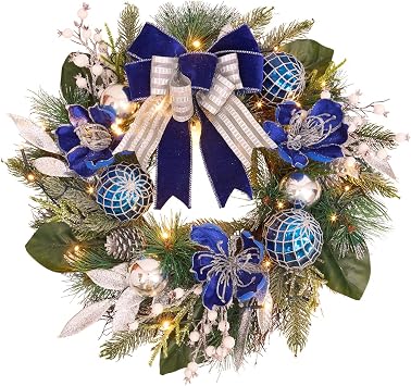 Pre-Lit Christmas Wreath for Front Door with Timer 20 Lights,Lighted Christmas Wreath Silver Blue Xmas Ball for Fireplace Window Outdoor Table Centerpiece Holiday Decoration,Magnolia Winter wreath-20