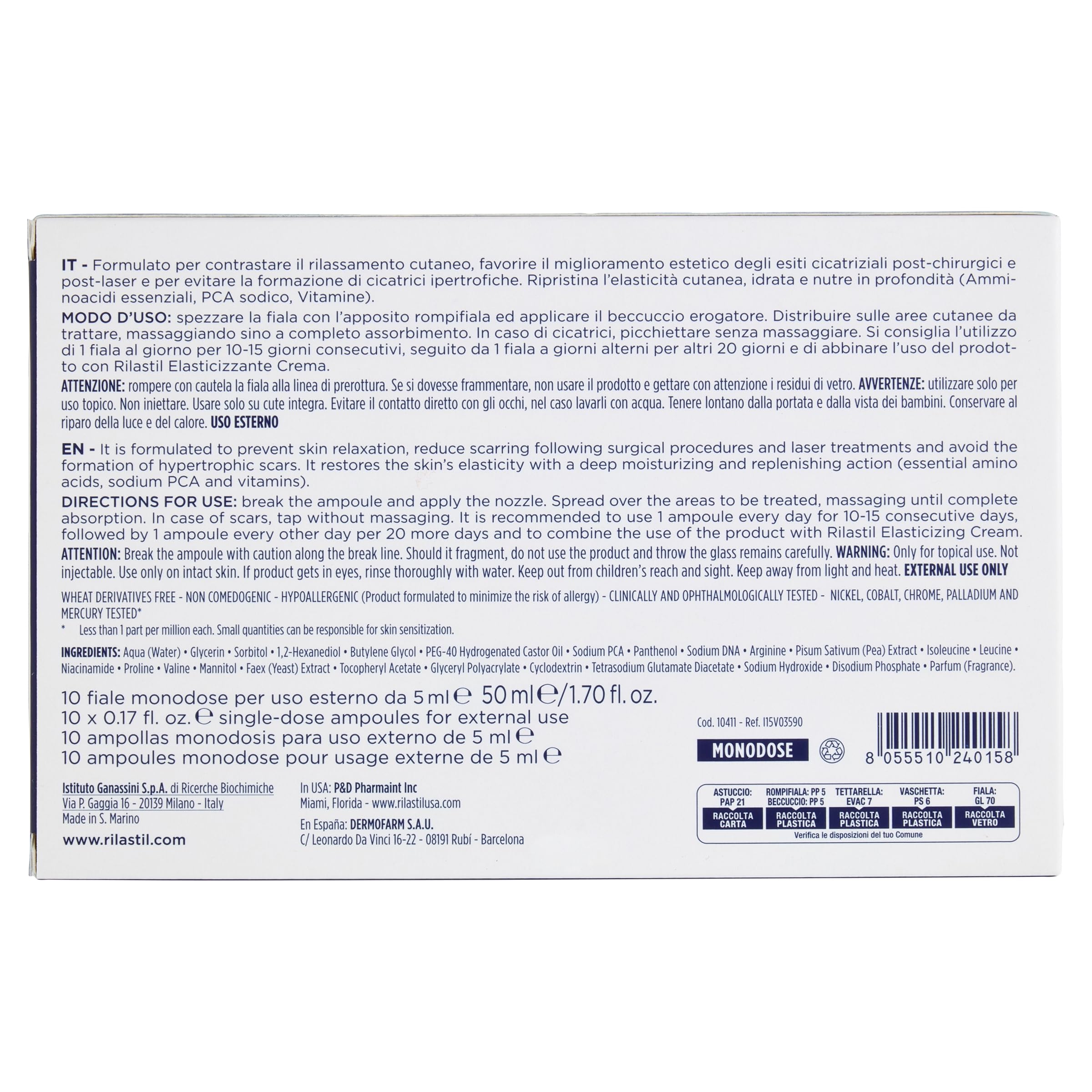 Rilastil Fiale Elasticizzante, Trattamento delle Cicatrici, Viso e Corpo Idratanti e Nutrienti per tutti Tipi di Pelle anche Delicate e Sensibili, Formato 10x5ml