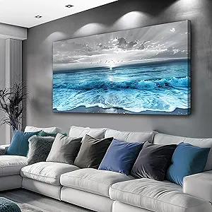 ERQINHUA Large Canvas Printed Artworks Mural Wall Decor For Living Room Wall Art For Bedroom Office Restaurant Decoration Blue Sea Wave Ocean Paintings Beach Wall Pictures Modern Home Decor 30"X60"