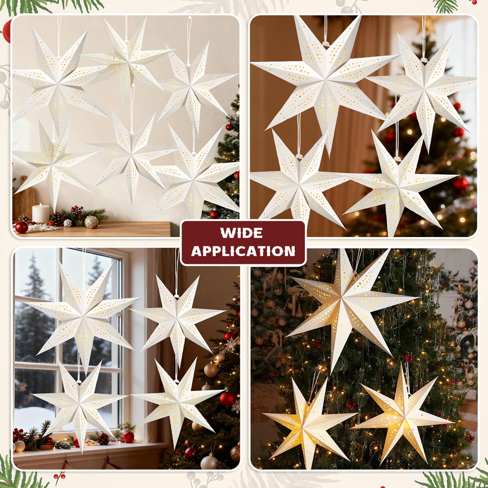Große Papierstern-Laternen mit Lichtern, 3D-Hohl-Out-Weihnachtspapierlaternen, 4 Stück, faltbar, dekorative Weihnachtsdekorationen für Weihnachten, Hochzeit, Neujahr, Party, Heimdekoration