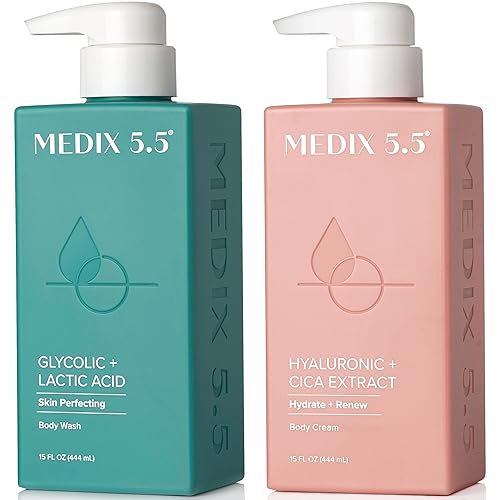 Medix 5.5 Limpiador exfoliante AHA de ácido glicólico facial y corporal + crema corporal hidratante con ácido hialurónico, loción para el cuidado de